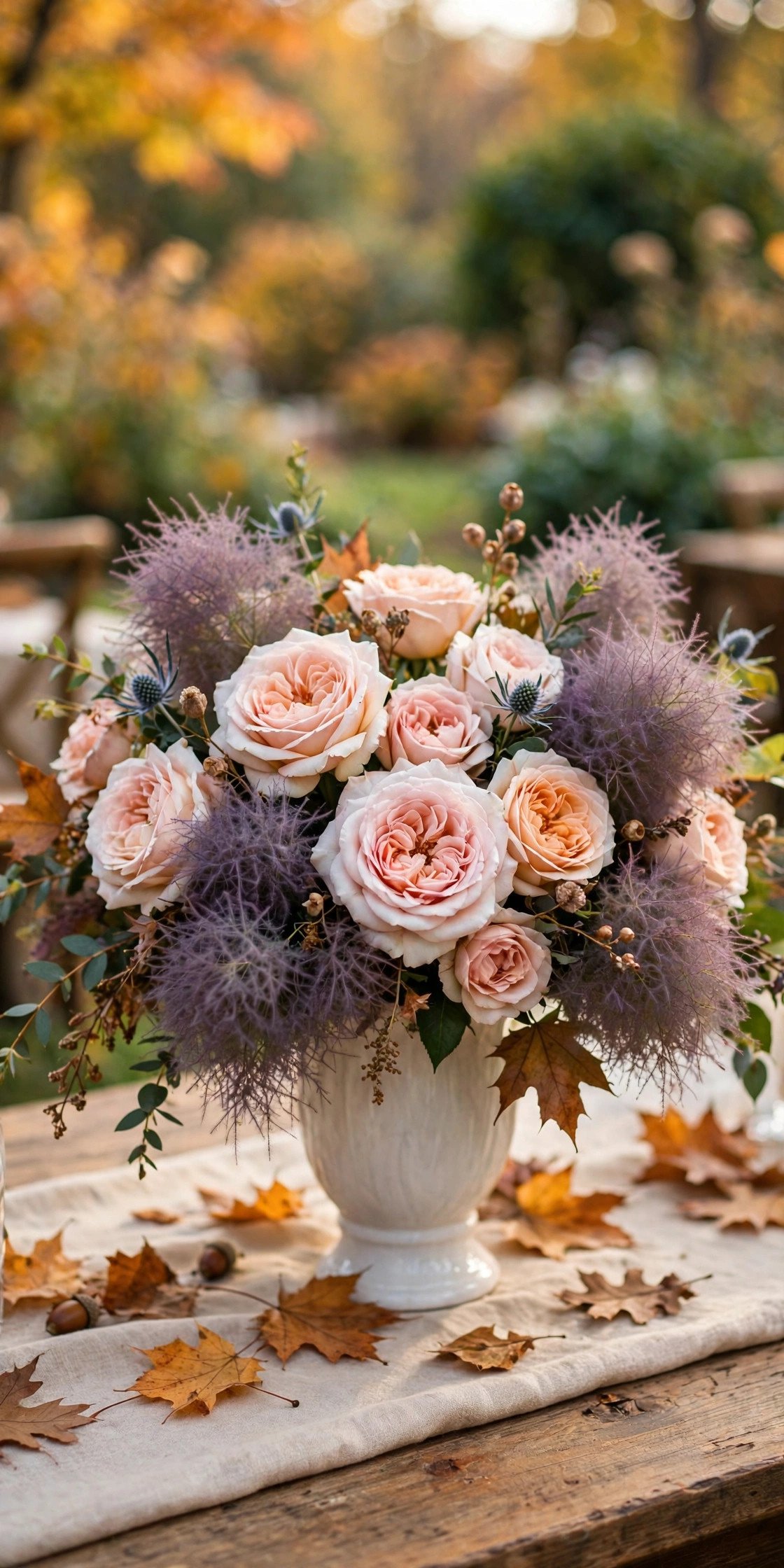 Garden Rose and Smokebush Mix at a fall centerpieces wedding celebration with seasonal styling