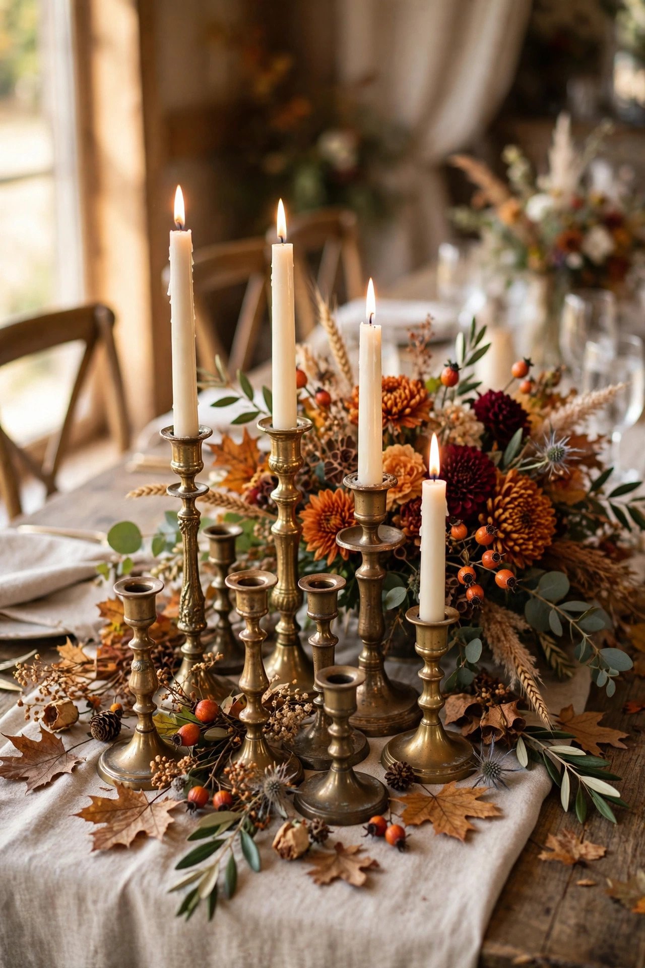 Vintage Brass Candlestick Collections at a fall centerpieces wedding celebration with seasonal styling