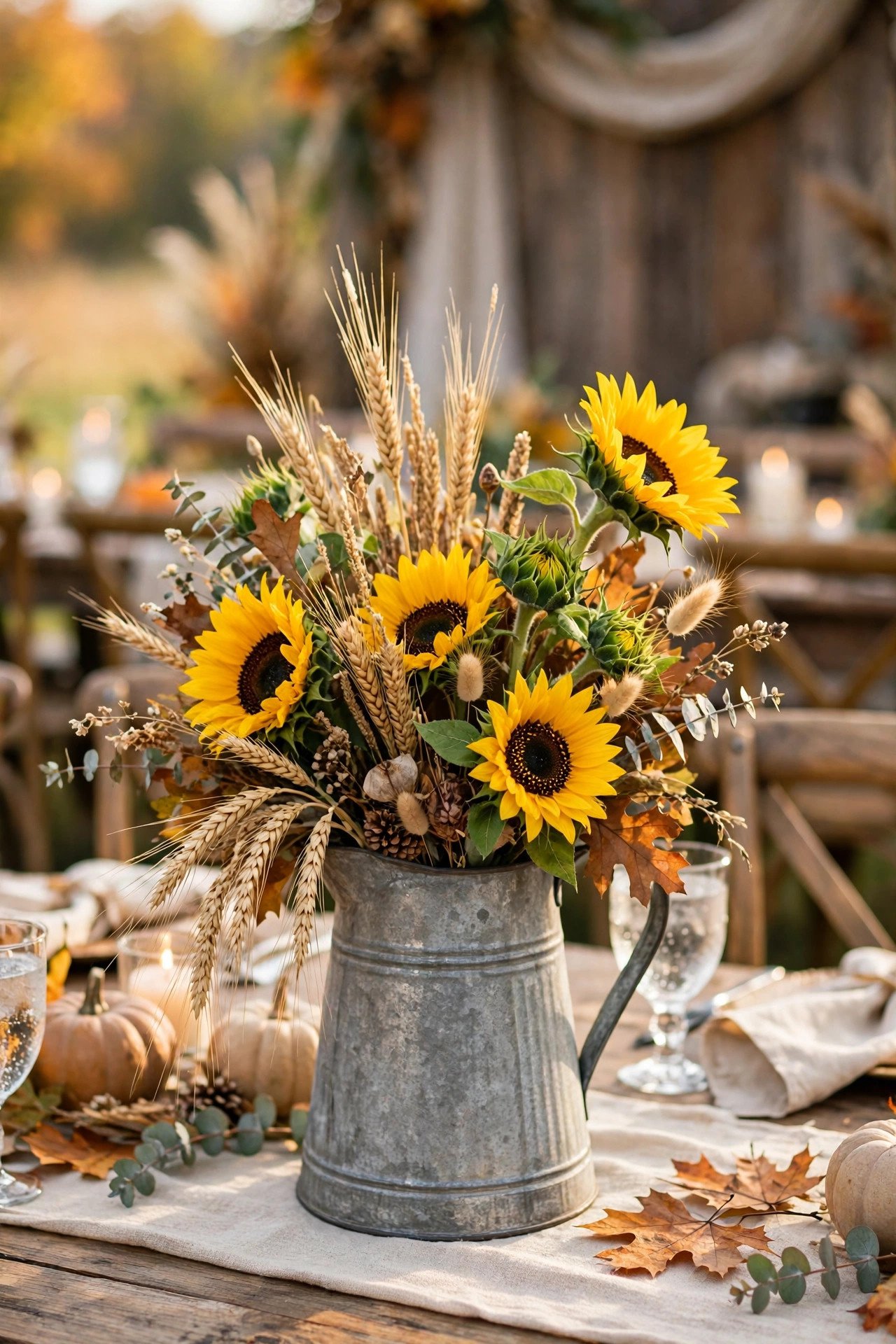 Sunflower and Wheat Country Mix at a fall centerpieces wedding celebration with seasonal styling