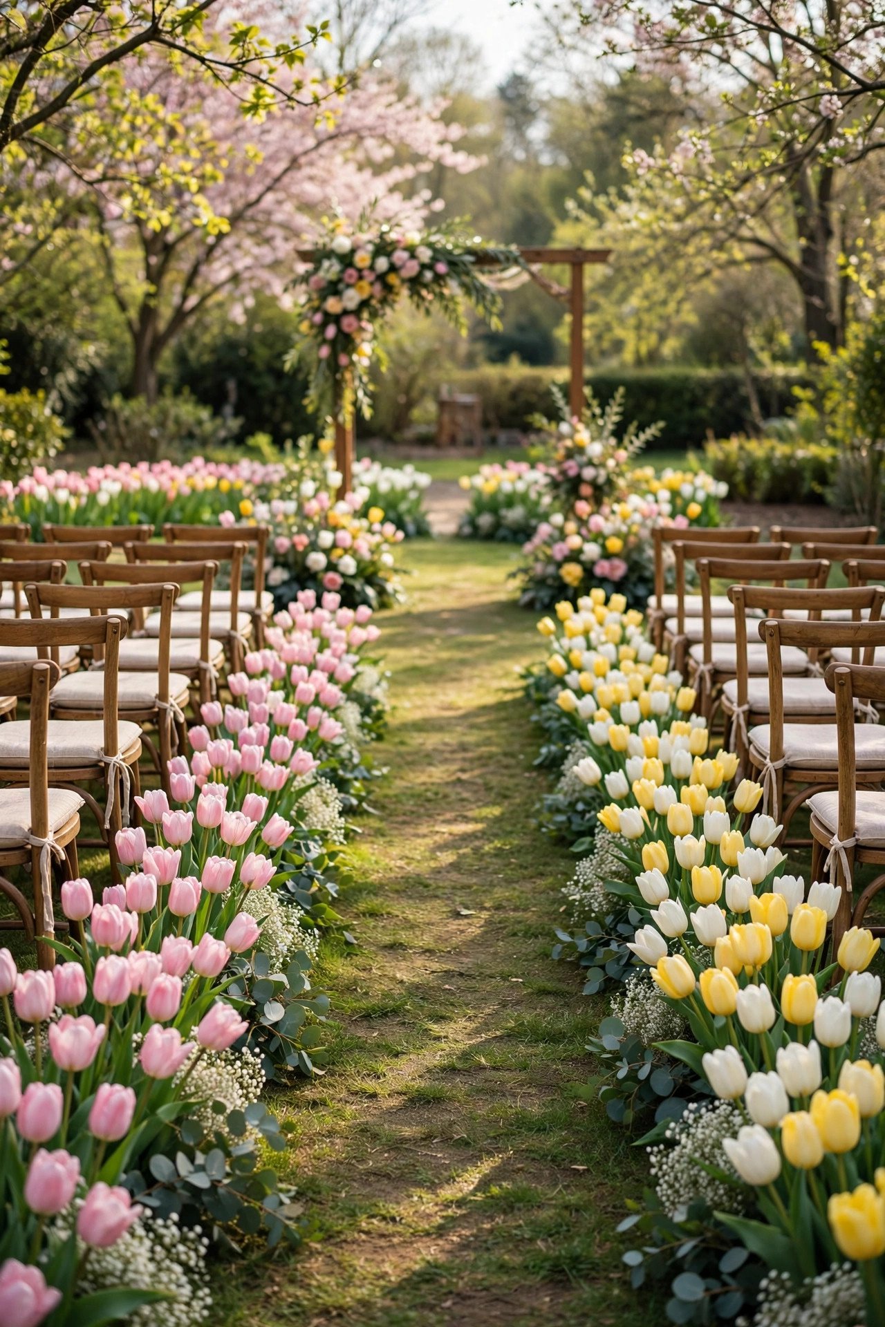 Pastel Tulip Ceremony Aisle at a easter wedding celebration with seasonal styling