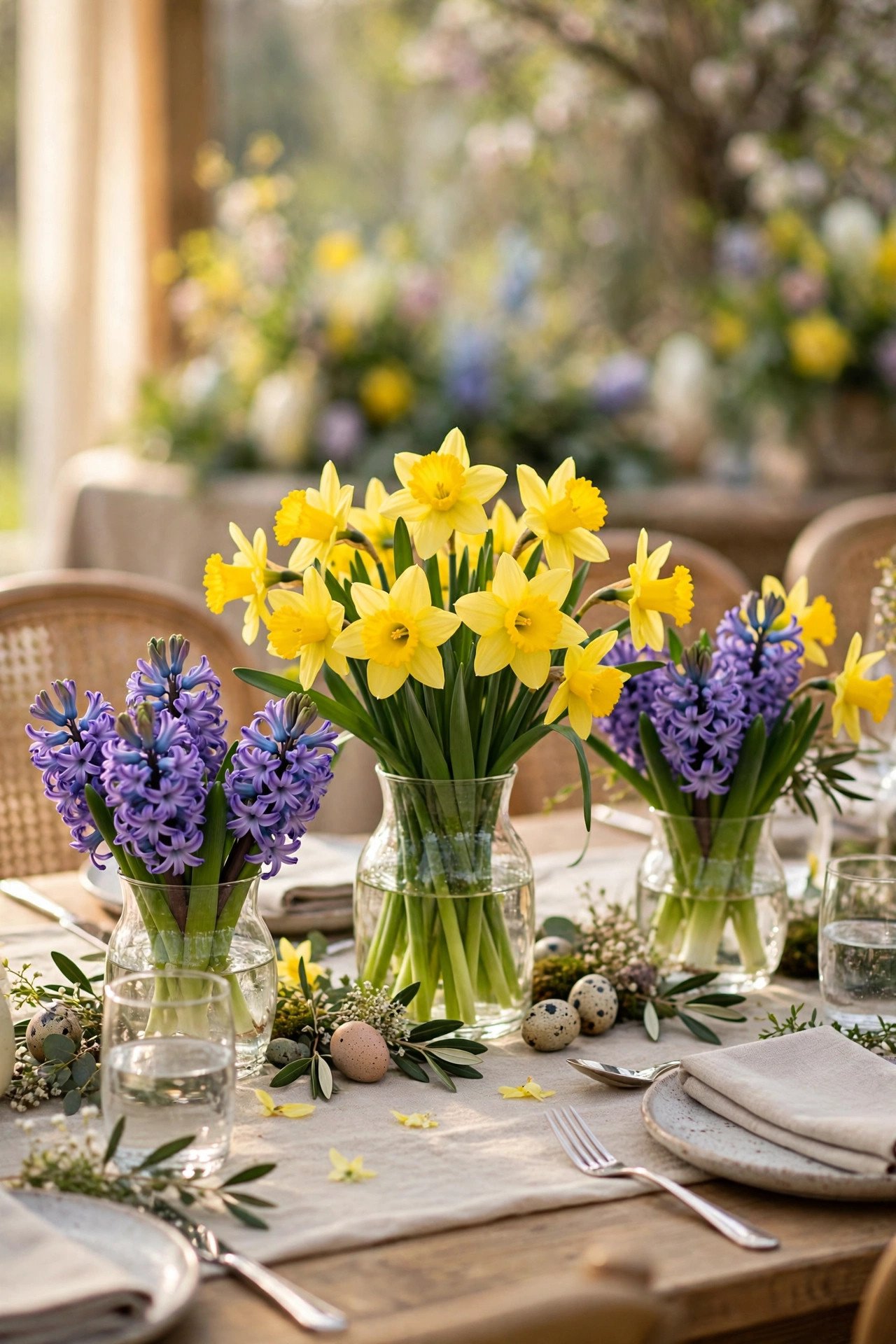Daffodil and Hyacinth Centerpieces at a easter wedding celebration with seasonal styling