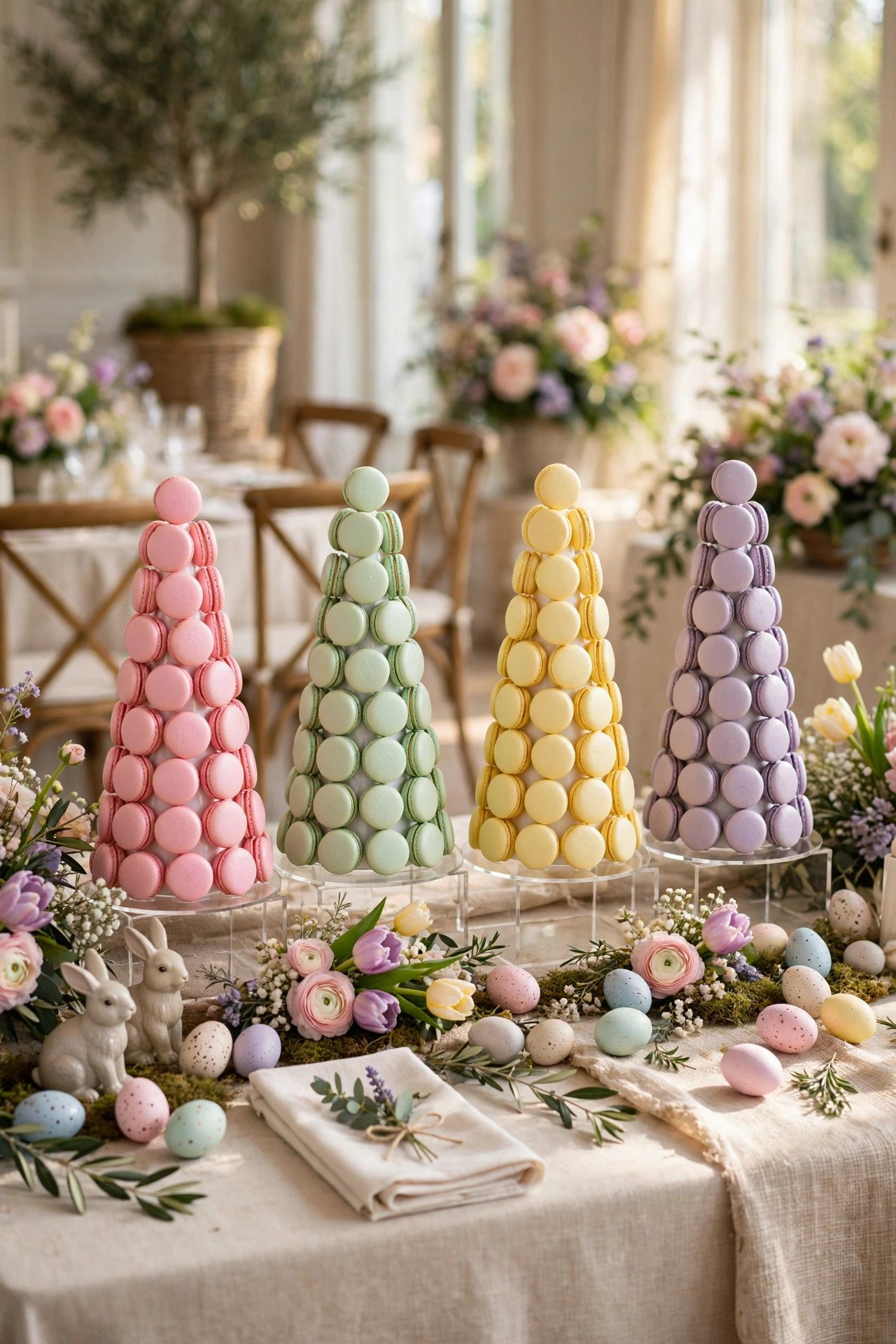 Pastel Macaron Favor Towers at a easter wedding celebration with seasonal styling