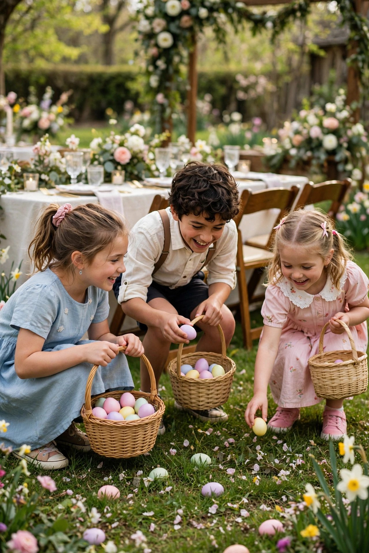 Children's Egg Hunt Lawn Break at a easter wedding celebration with seasonal styling