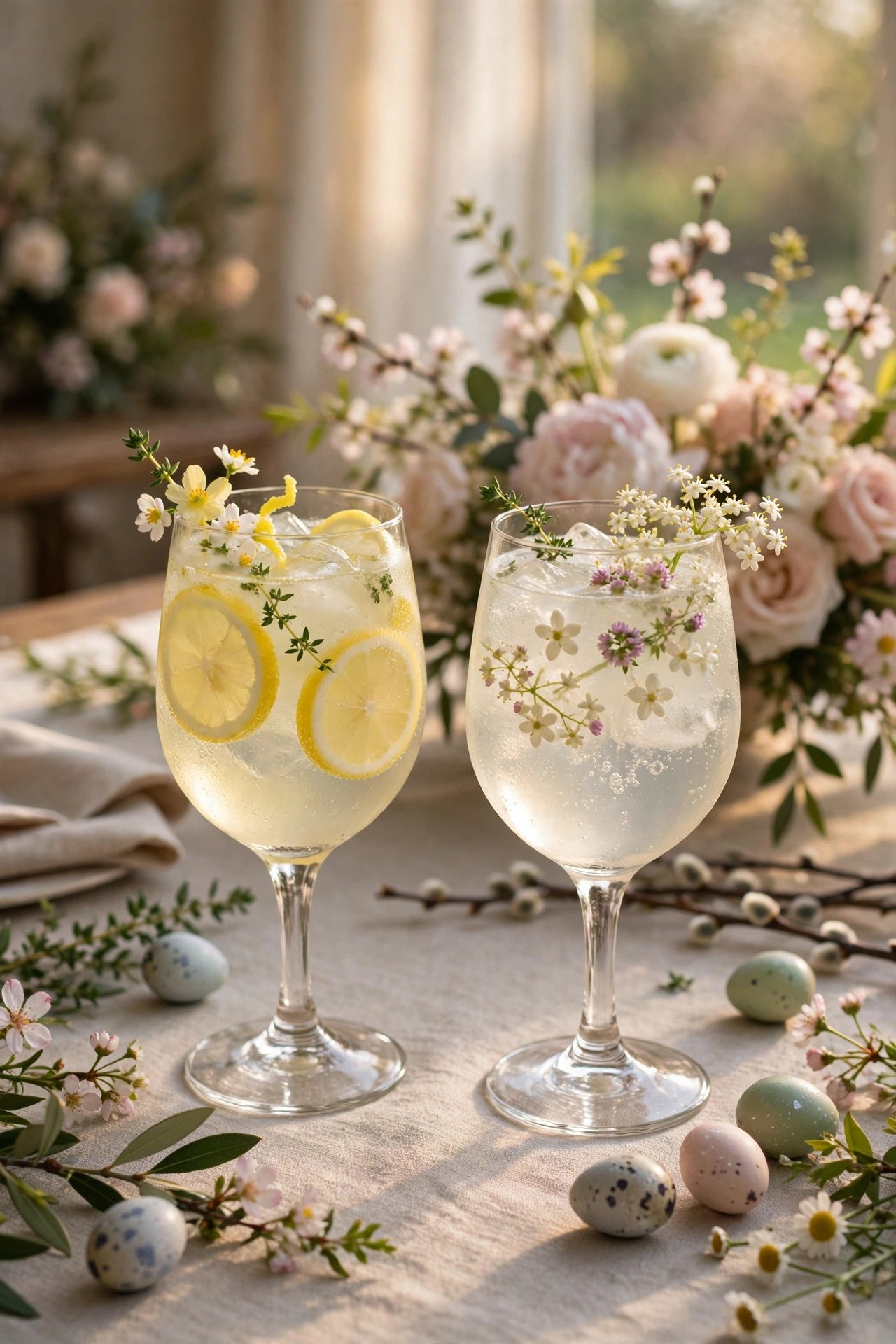 Lemon and Elderflower Zero-Proof Drinks at a easter wedding celebration with seasonal styling