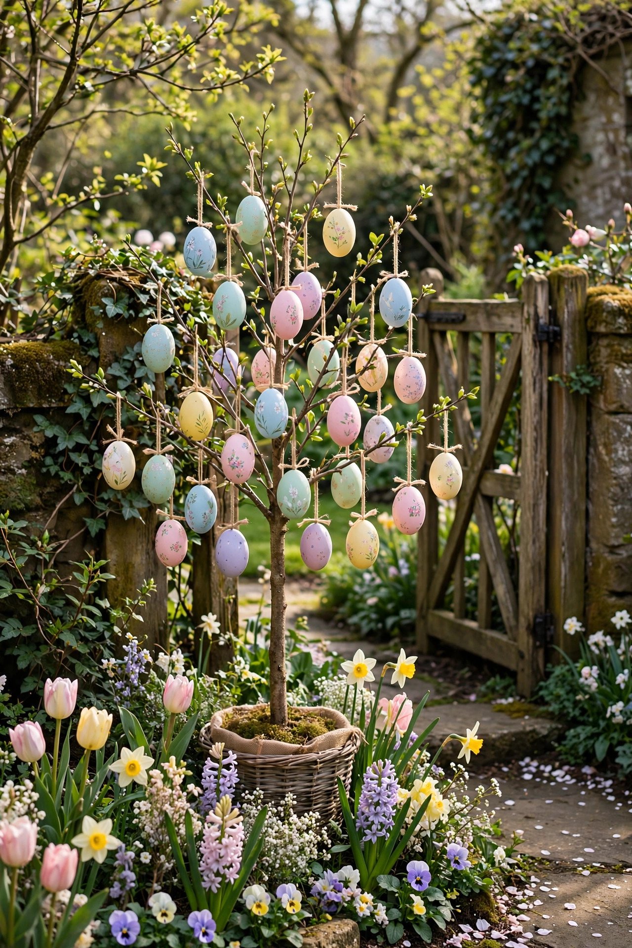 Garden Egg Tree Welcome Display at a easter wedding celebration with seasonal styling