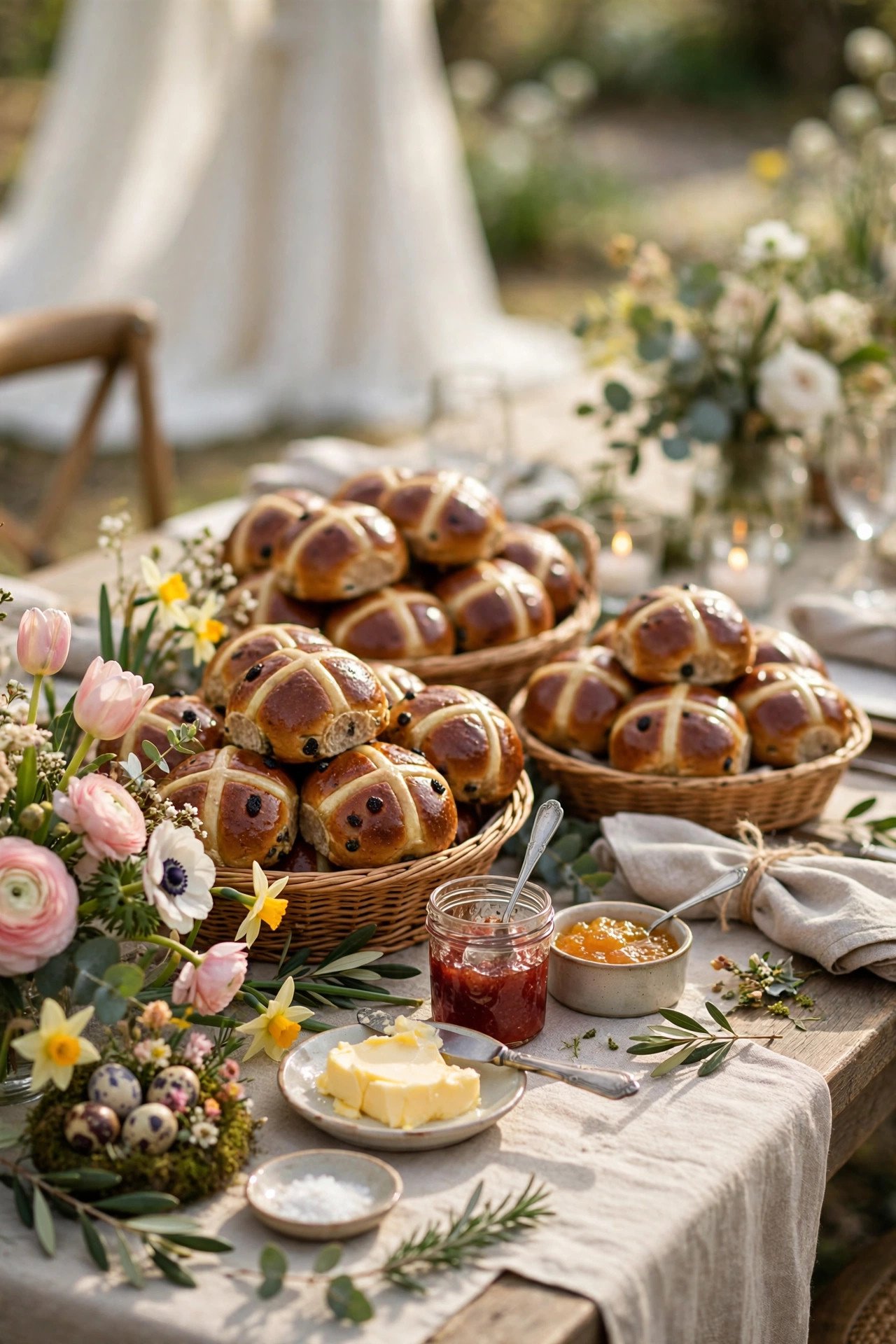 Hot Cross Bun Late-Morning Snack Table at a easter wedding celebration with seasonal styling