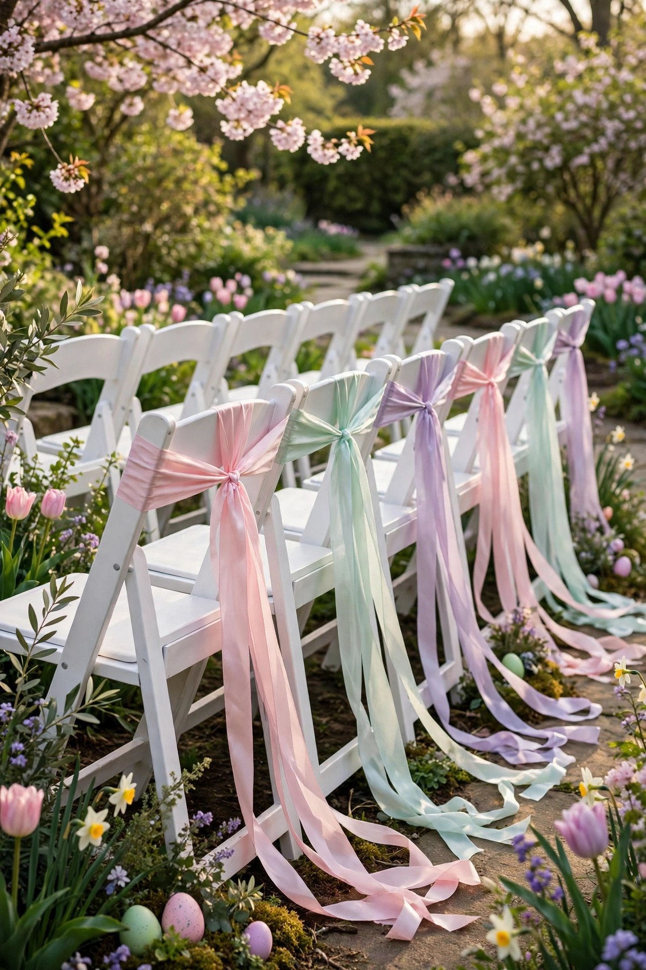 Pastel Ribbon Chair Decor at a easter wedding celebration with seasonal styling