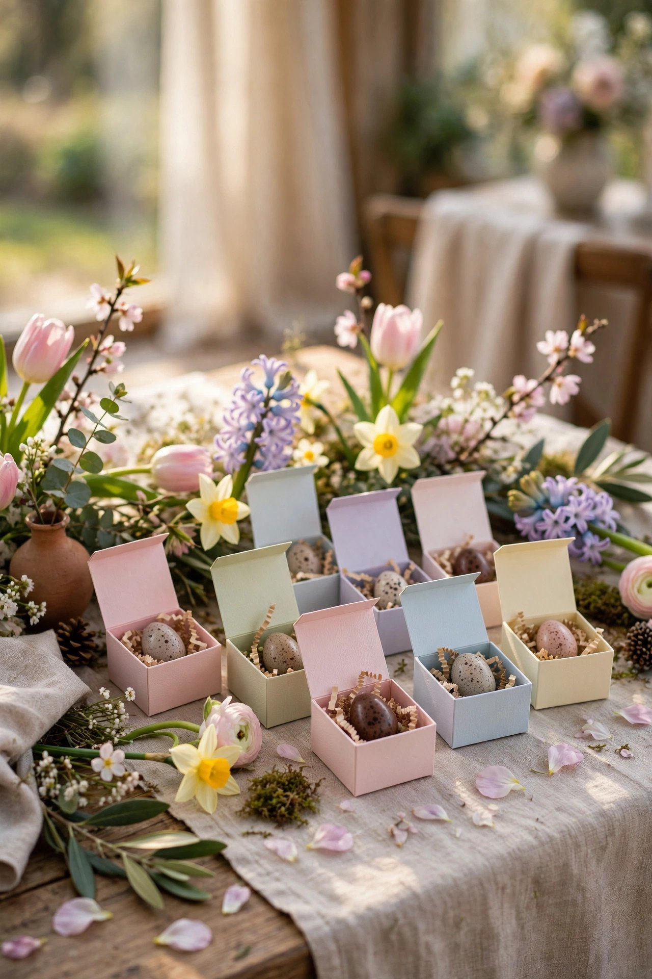 Chocolate Egg Favor Boxes at a easter wedding celebration with seasonal styling