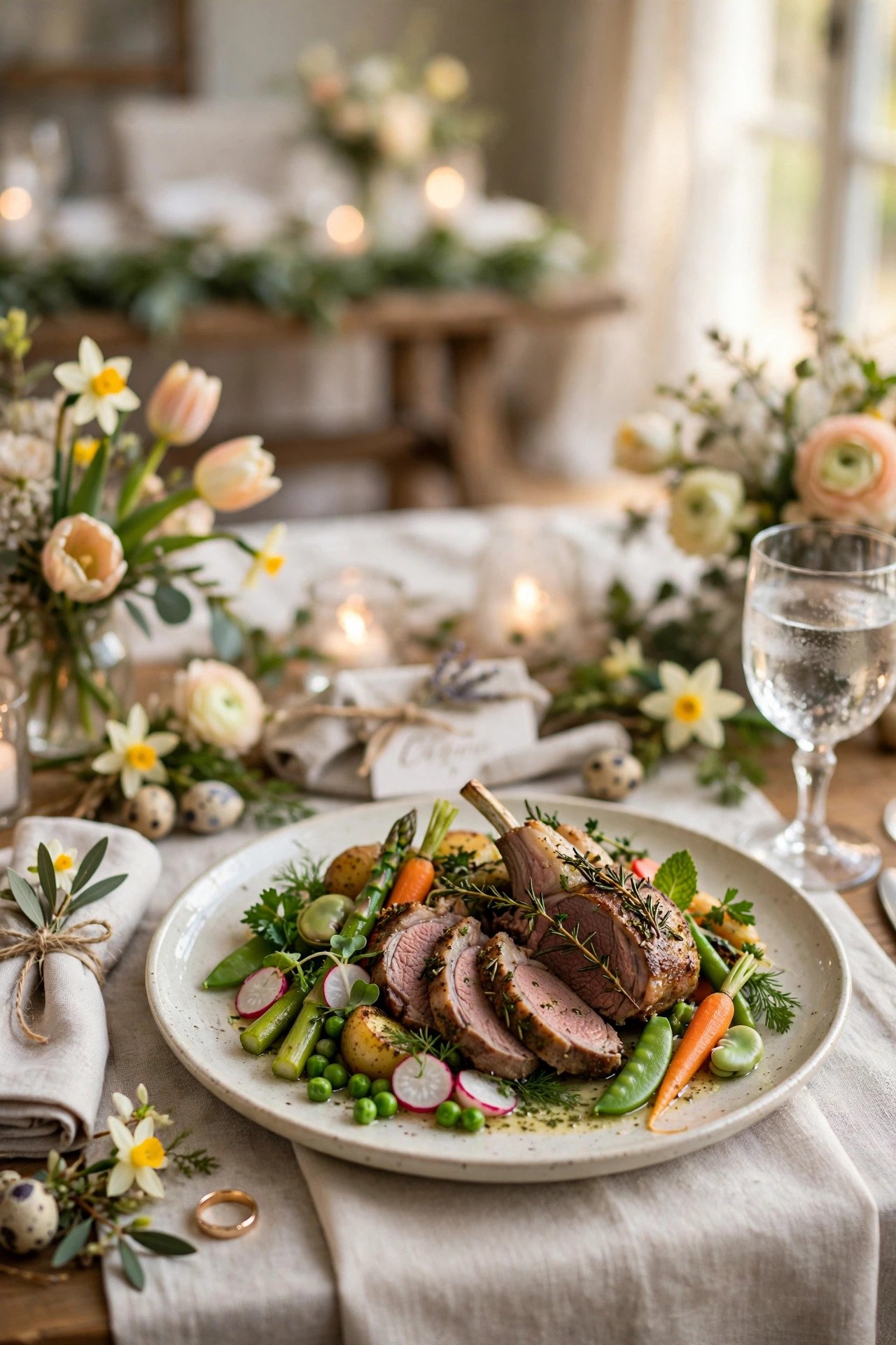 Spring Lamb and Garden Vegetable Mains at a easter wedding celebration with seasonal styling