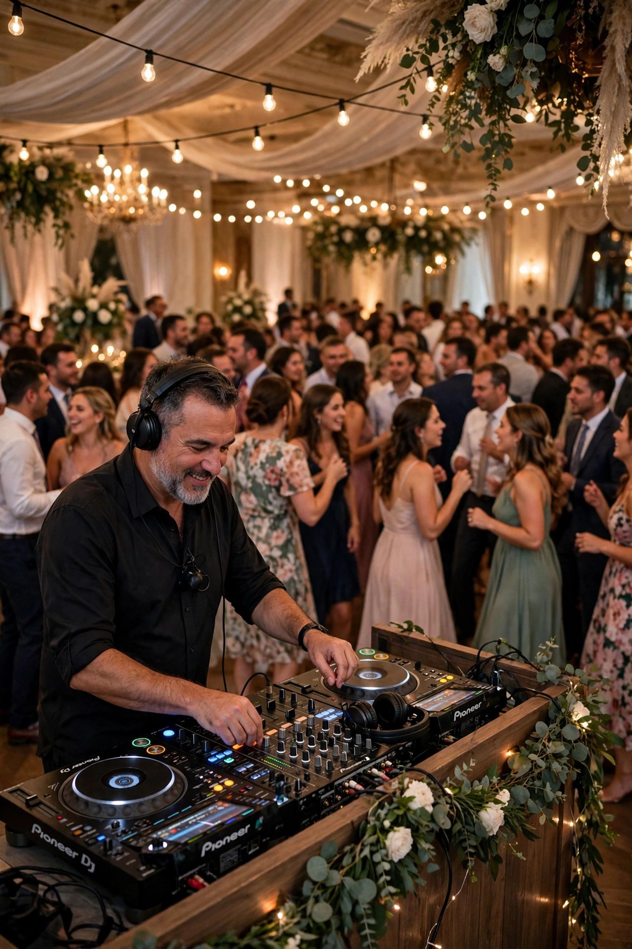 Wedding reception dance floor during How many weddings do you DJ each year?