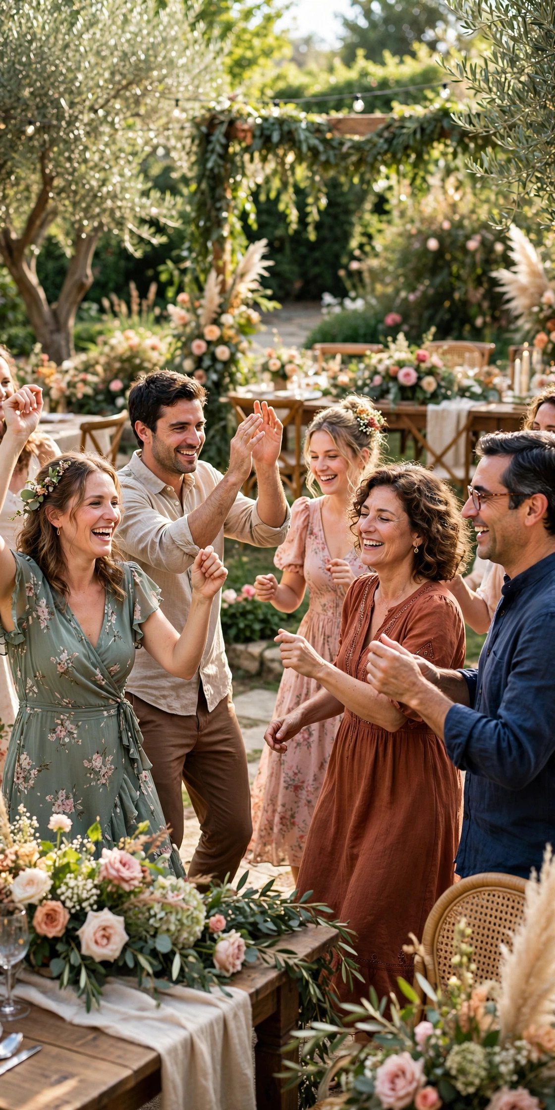 Wedding guests dancing to Walking on Sunshine by Katrina and the Waves at a reception