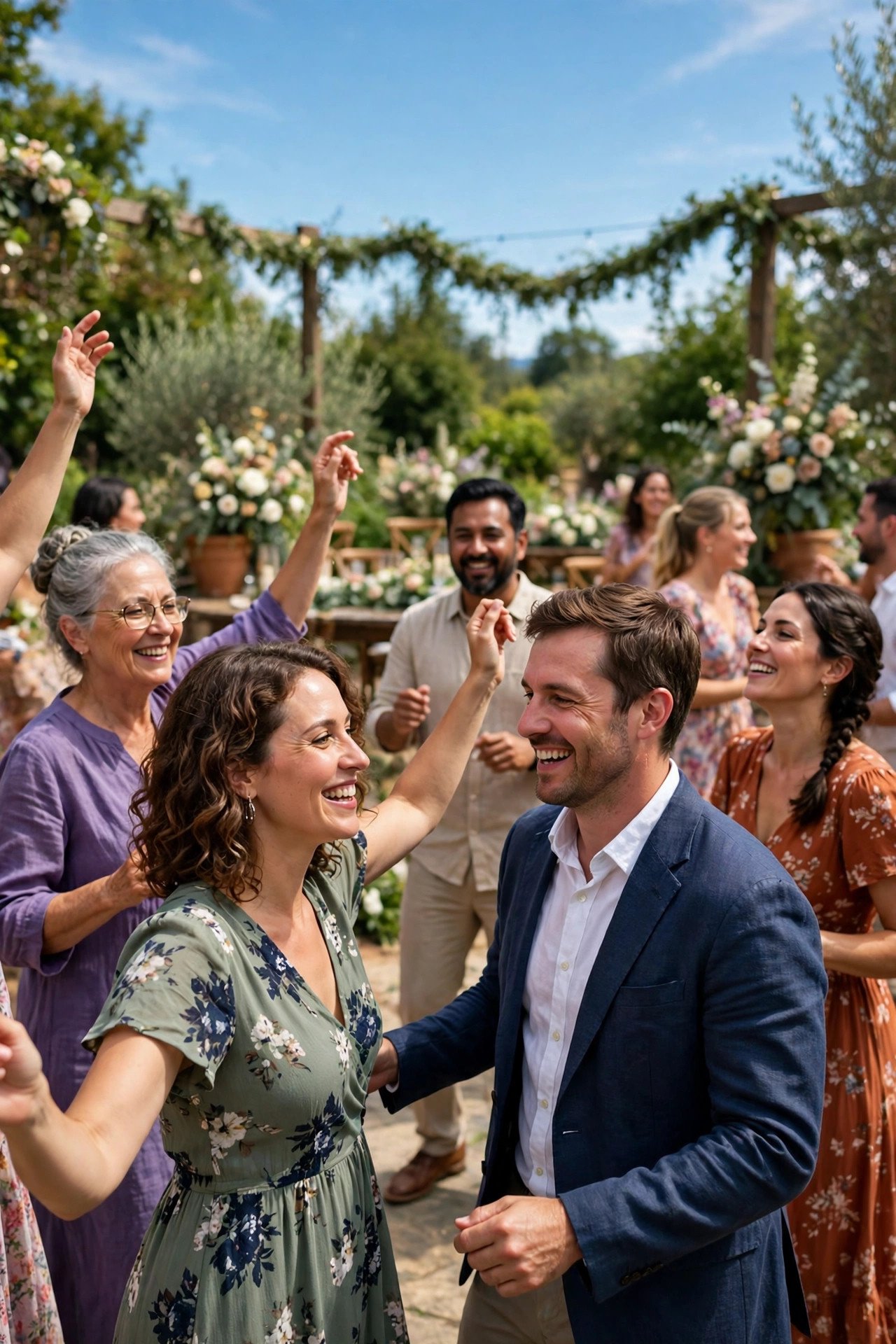 Wedding guests dancing to Mr. Blue Sky by Electric Light Orchestra at a reception