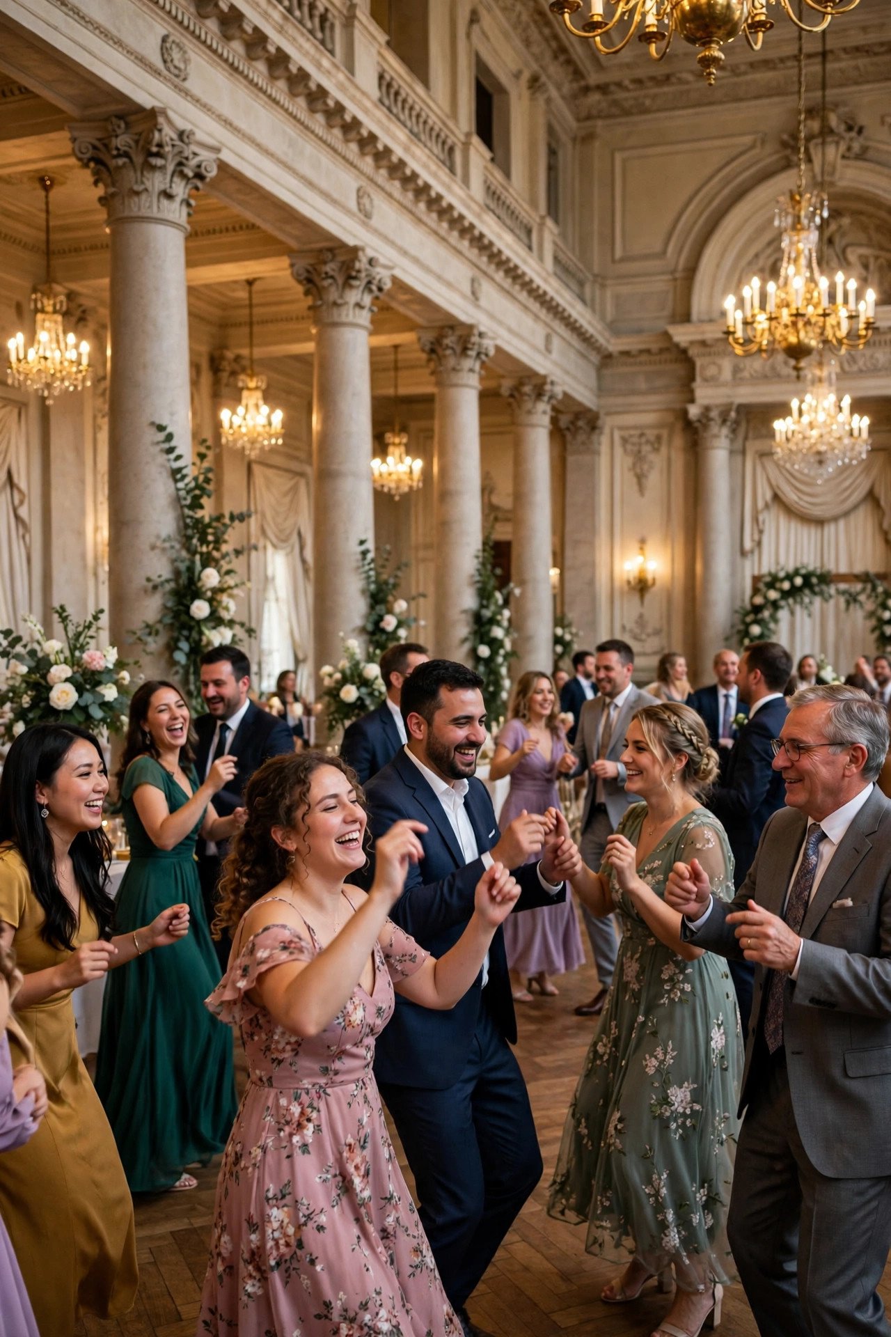 Wedding guests dancing to Viva La Vida by Coldplay at a reception