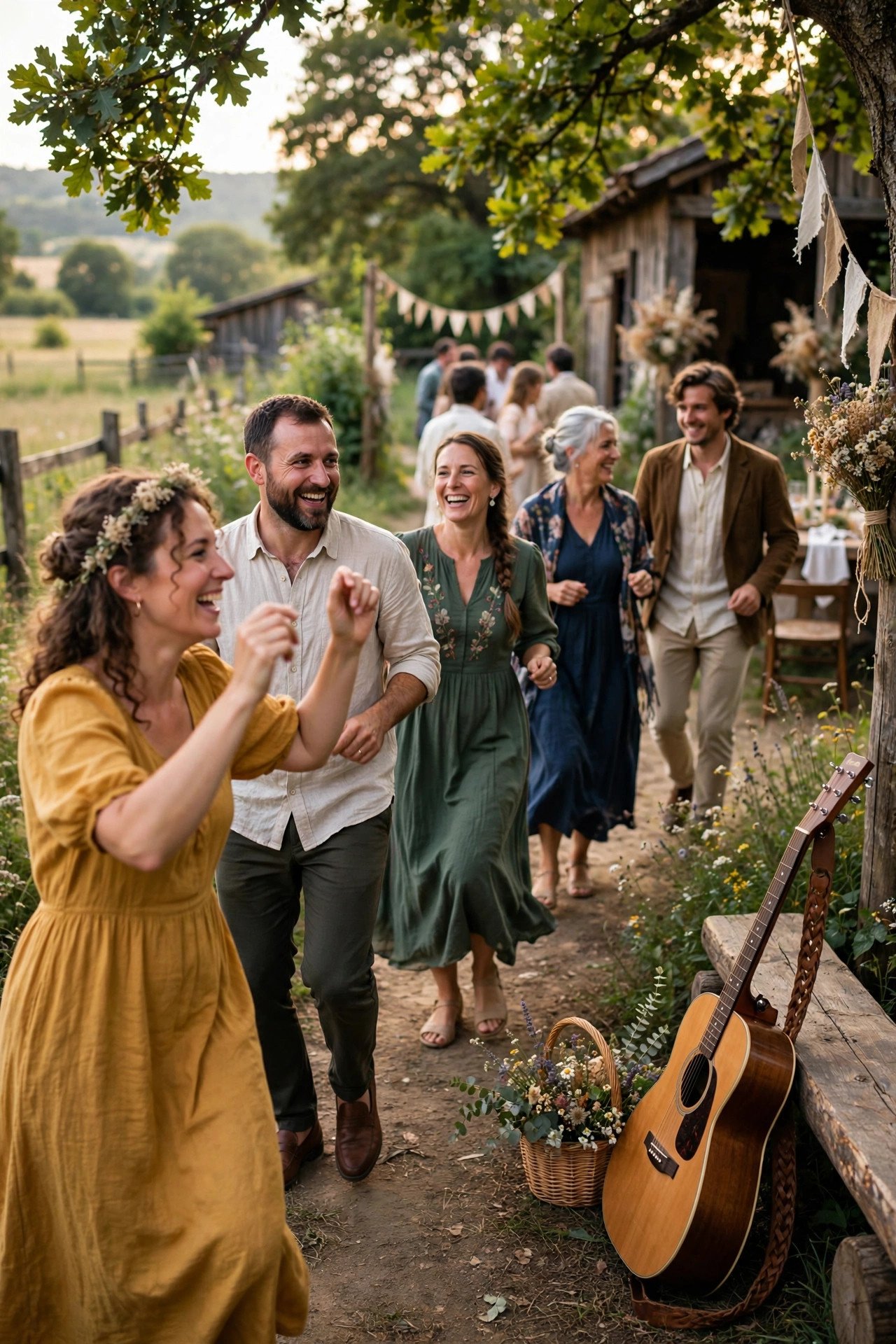 Wedding guests dancing to Send Me On My Way by Rusted Root at a reception