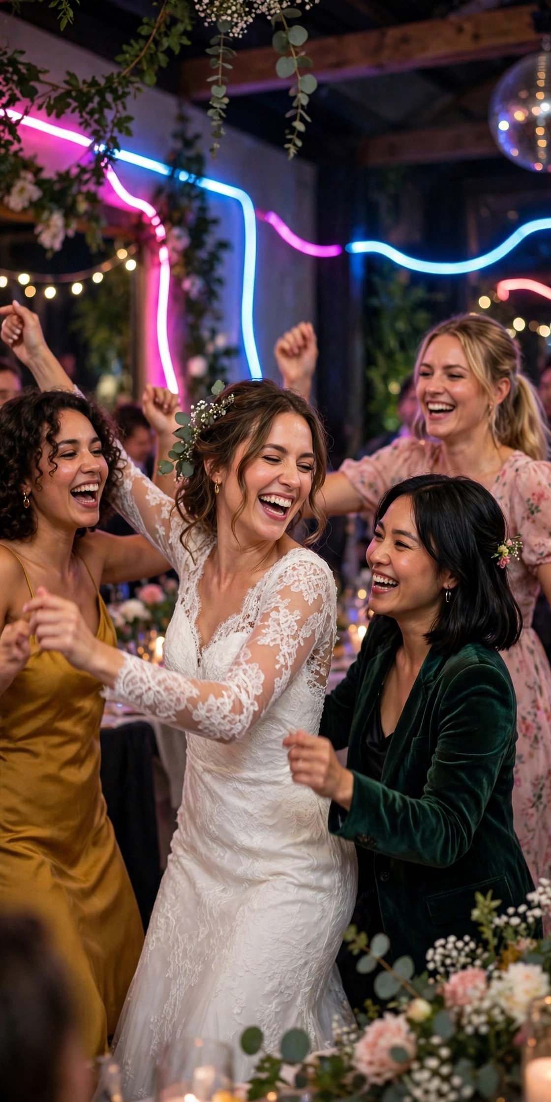 Wedding guests dancing to Don't Stop the Music by Rihanna at a reception