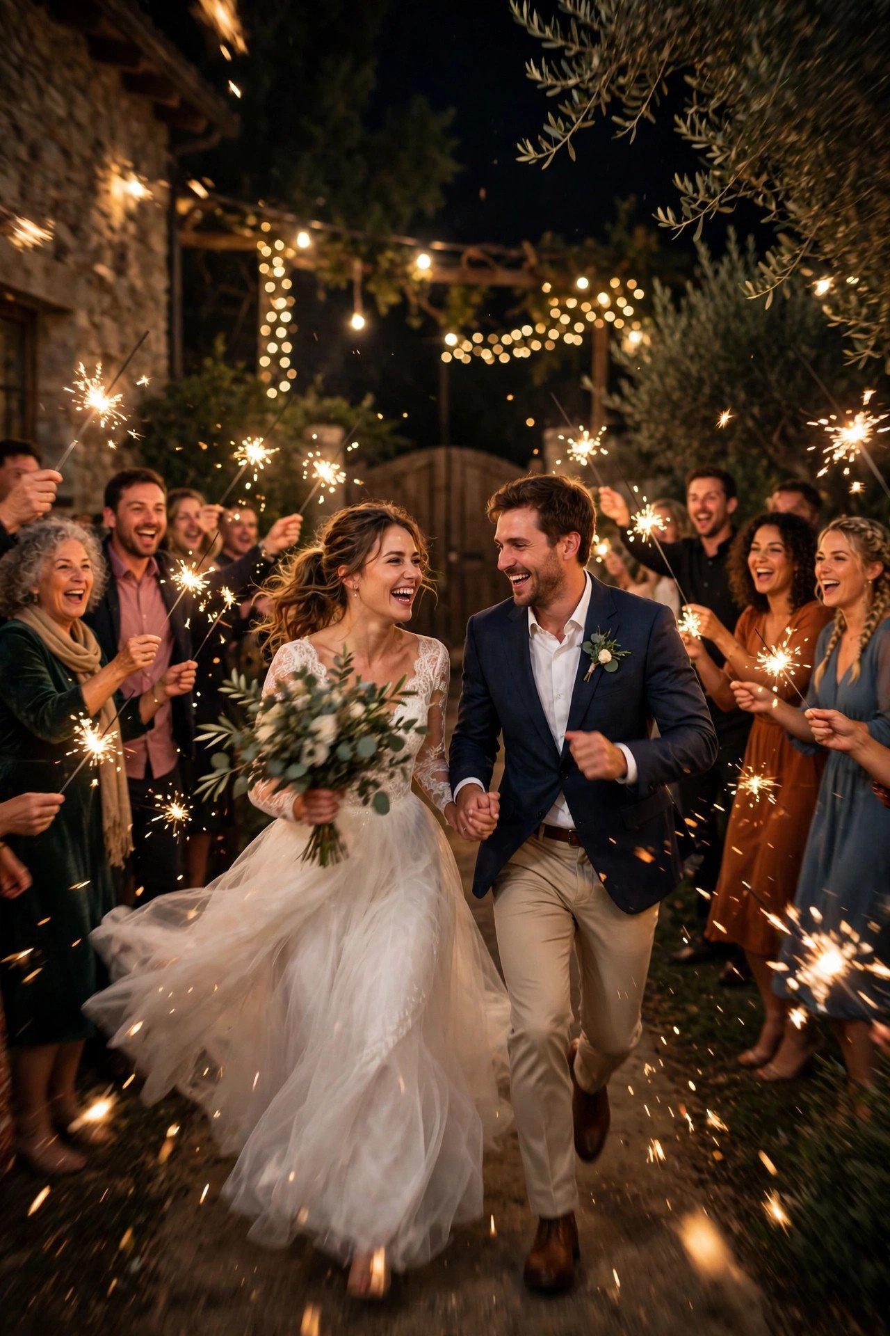 Couple running through a sparkler tunnel of cheering guests at night