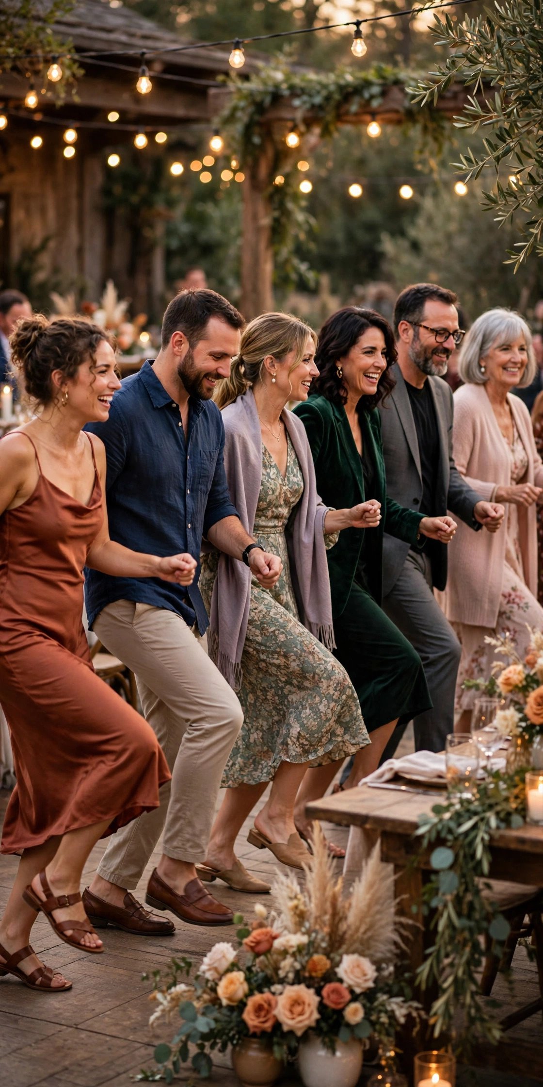 Wedding guests dancing to Back Steps and Touch at a reception