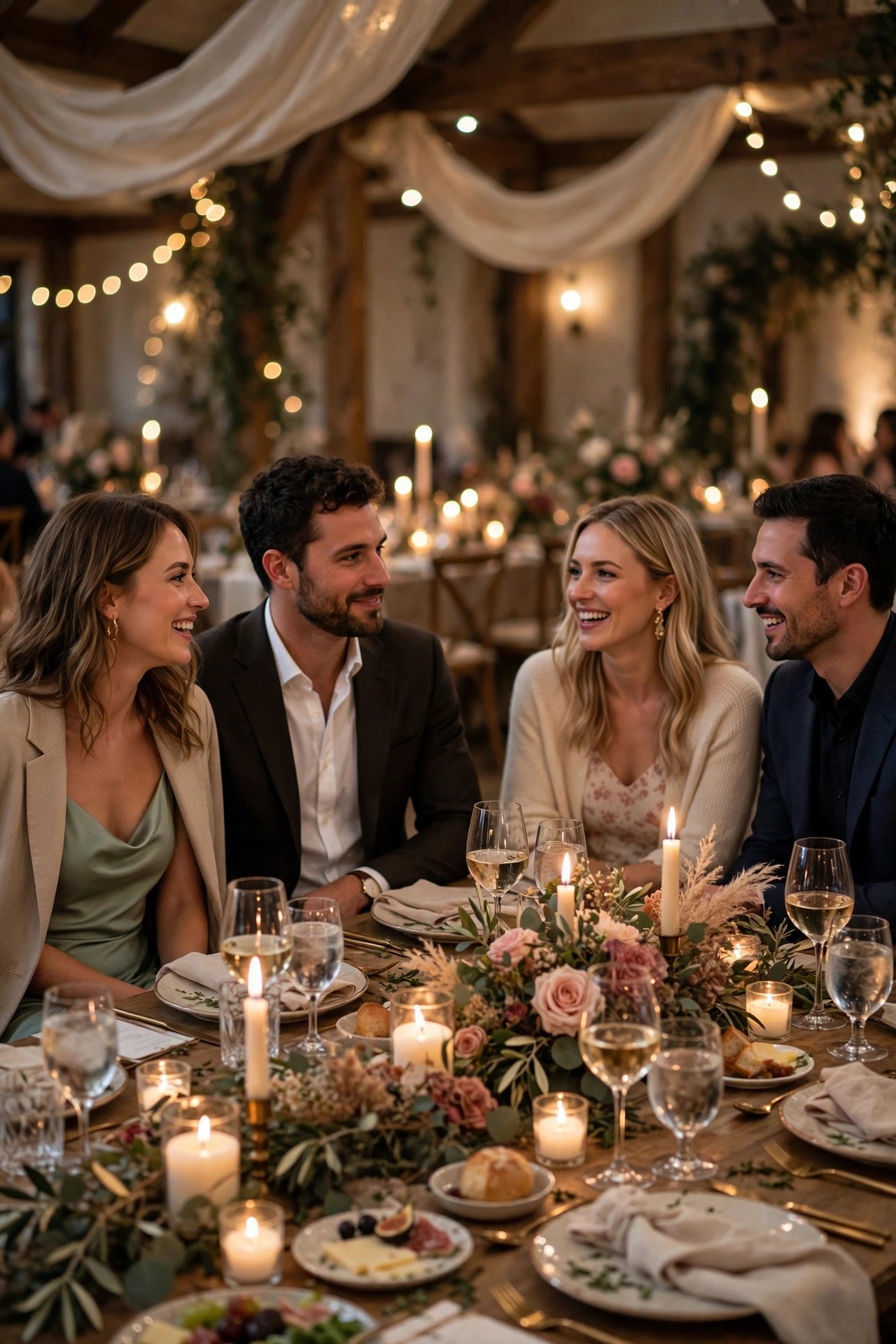 Candlelit wedding dinner table with guests talking over soft background music at an elegant reception