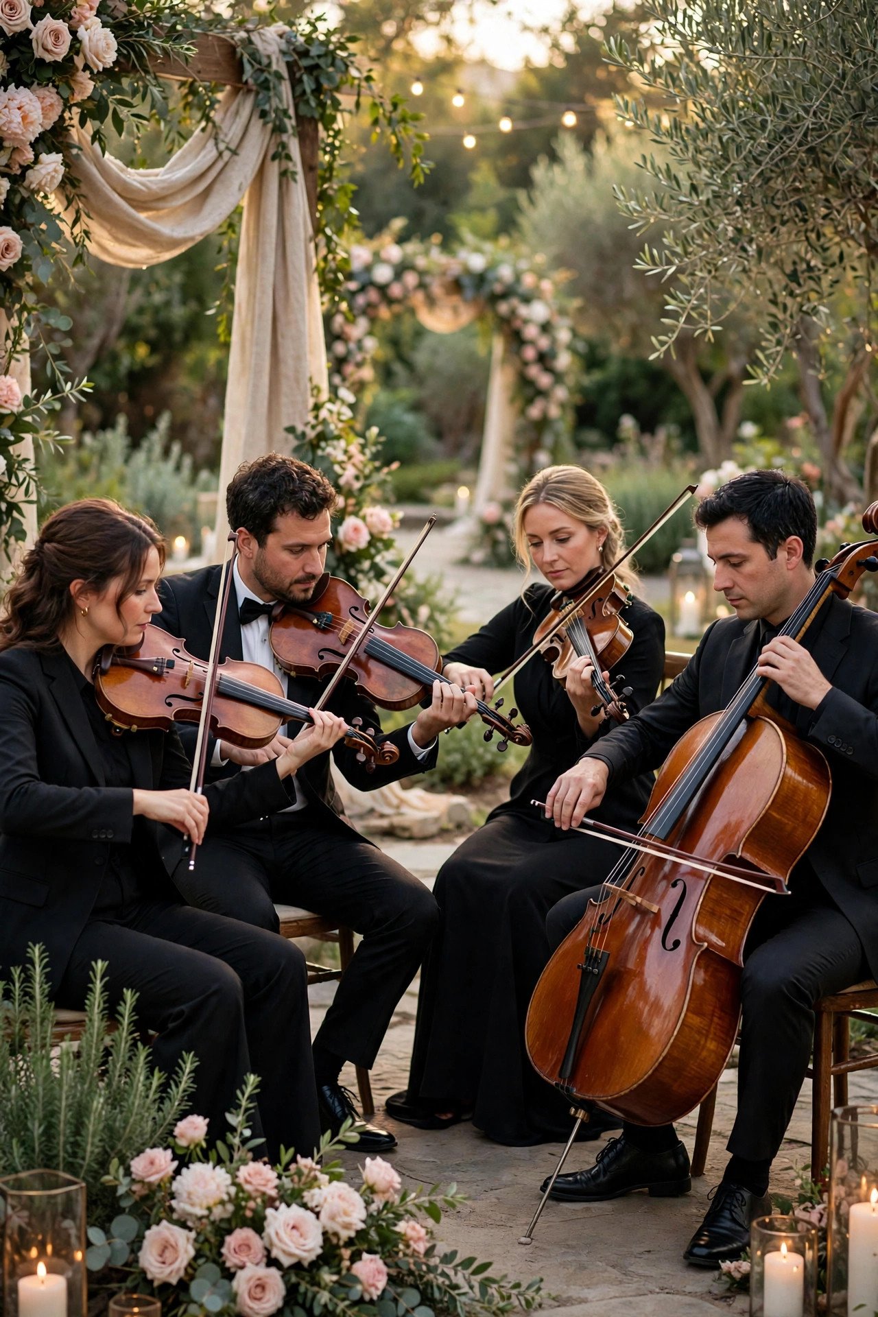 String quartet in formal dress performing at an elegant garden wedding ceremony