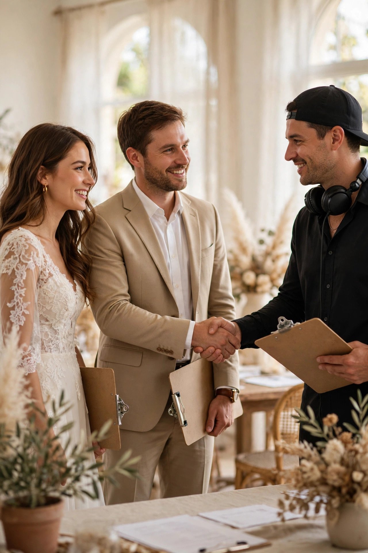 Names, Date and Venue in Writing — Couple reviewing a wedding DJ contract together at a table