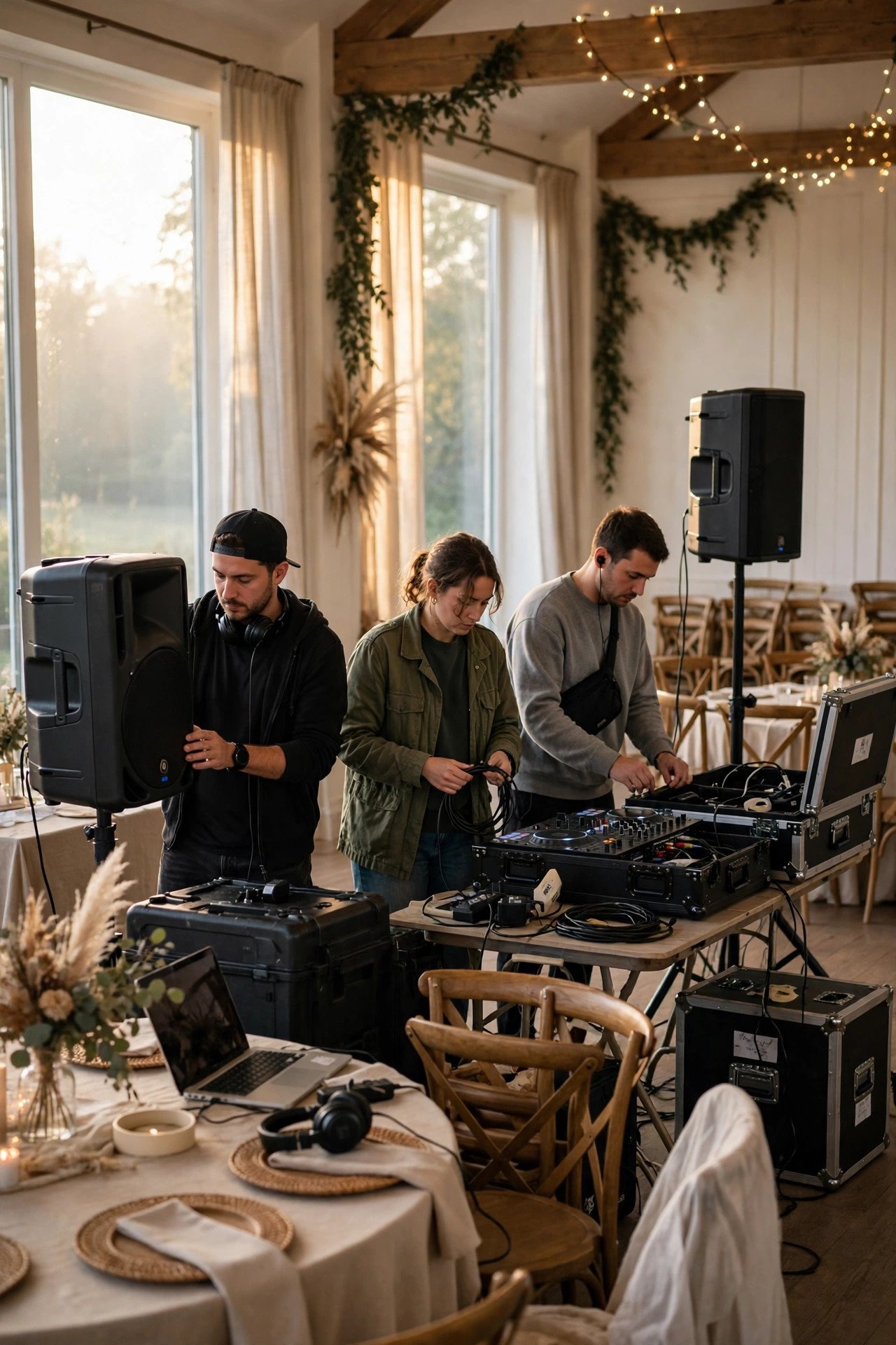 Setup and Teardown Time — Couple reviewing a wedding DJ contract together at a table