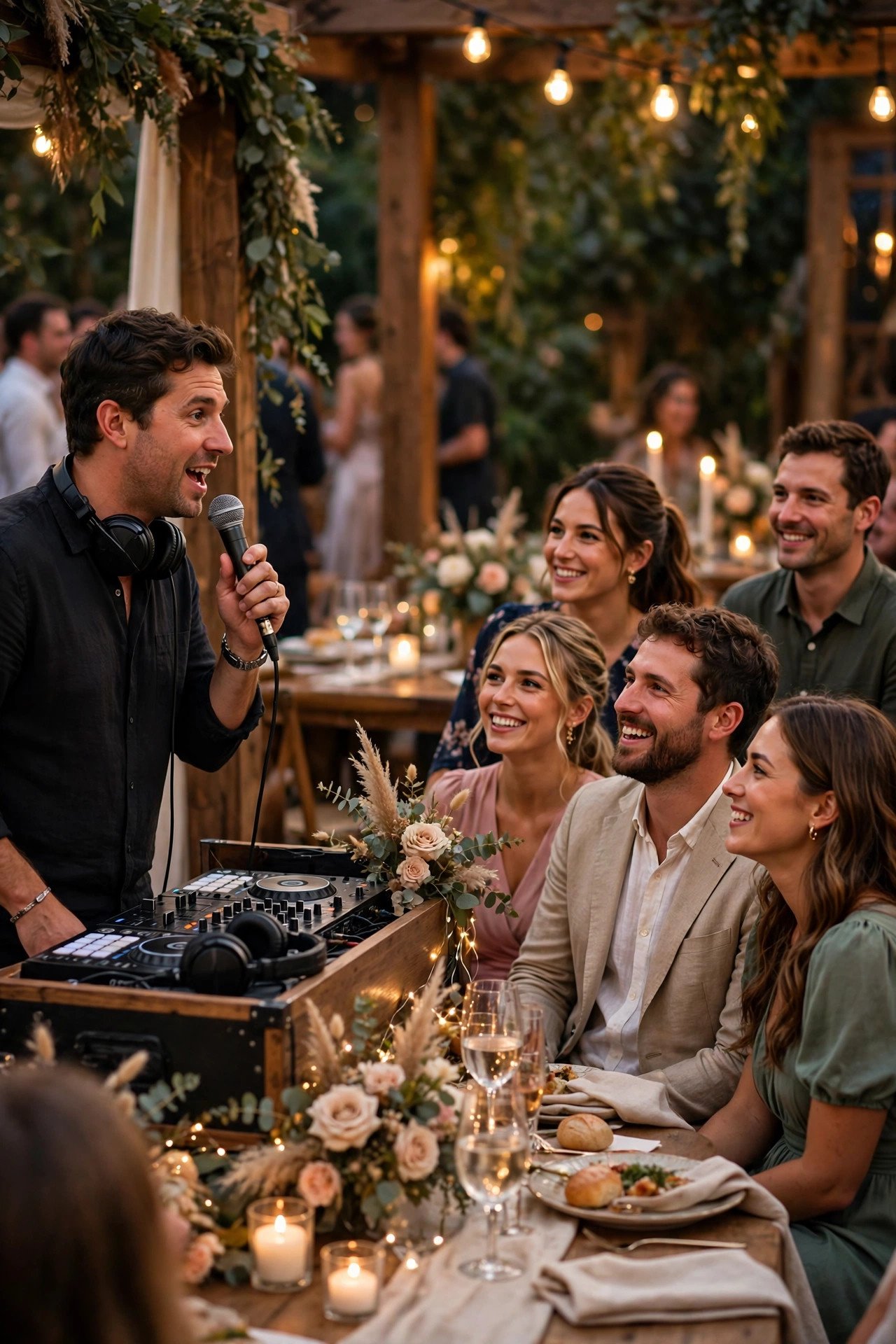 MC Services and Announcements Included — Couple reviewing a wedding DJ contract together at a table