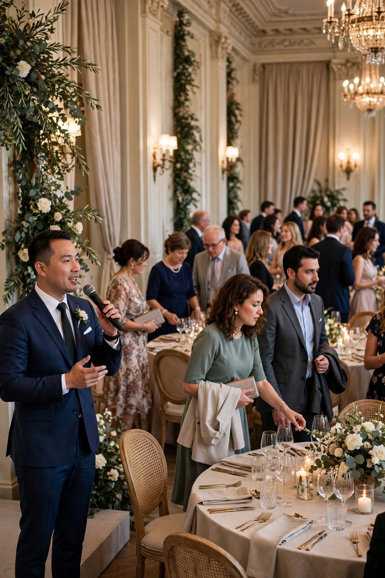 Announce Seating and the Start Time — Confident wedding MC holding a microphone and timeline at a reception