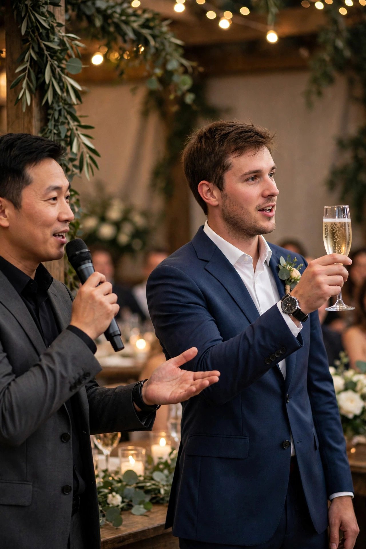 Introduce Each Toast in Order — Confident wedding MC holding a microphone and timeline at a reception