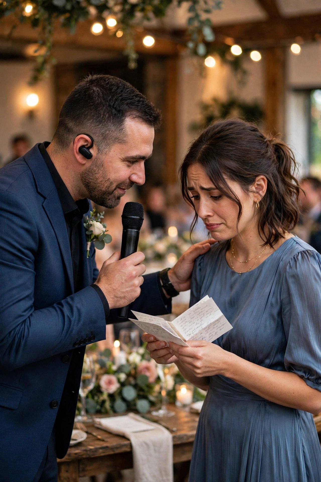 Cue Speakers With a Gentle Warning — Confident wedding MC holding a microphone and timeline at a reception