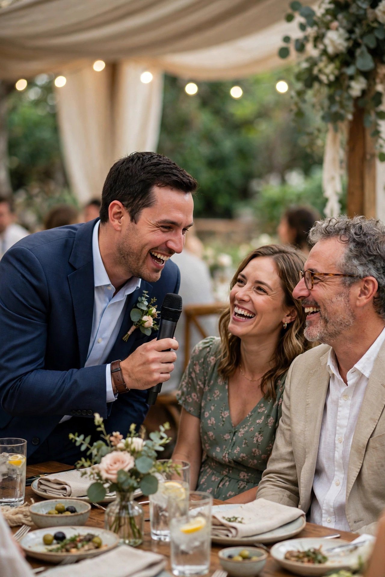 Handle Small Delays With Calm Humor — Confident wedding MC holding a microphone and timeline at a reception