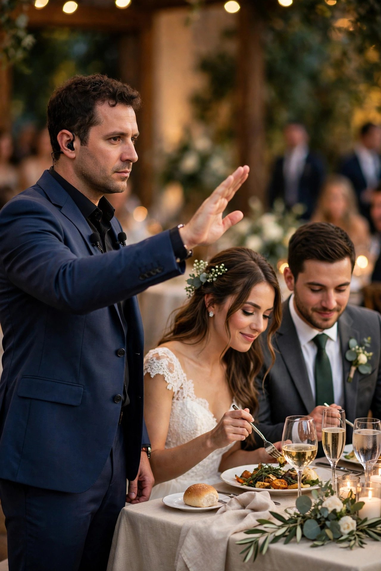 Protect the Couple From Day-Of Questions — Confident wedding MC holding a microphone and timeline at a reception
