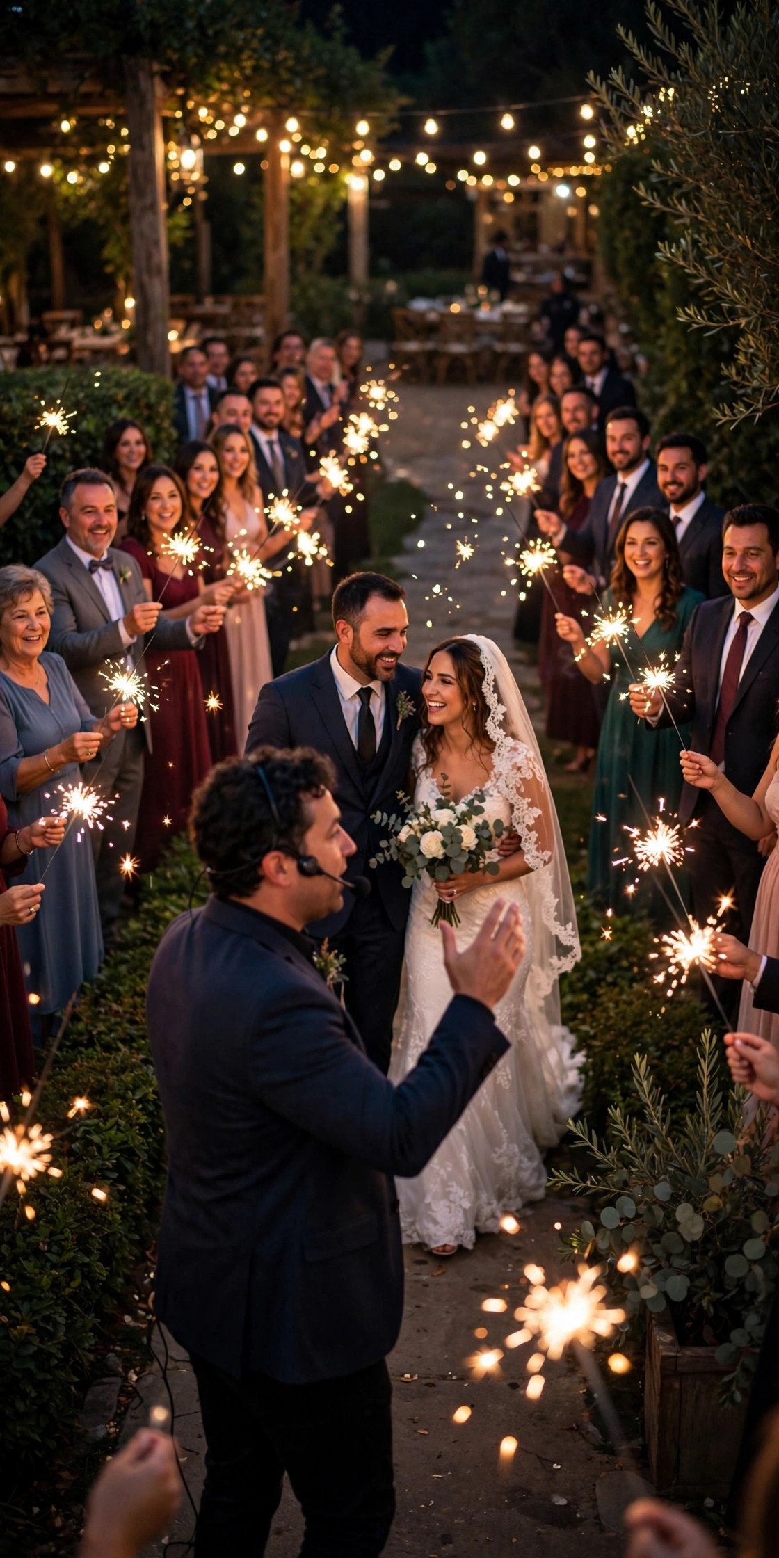 Lead the Grand Exit Announcement — Confident wedding MC holding a microphone and timeline at a reception