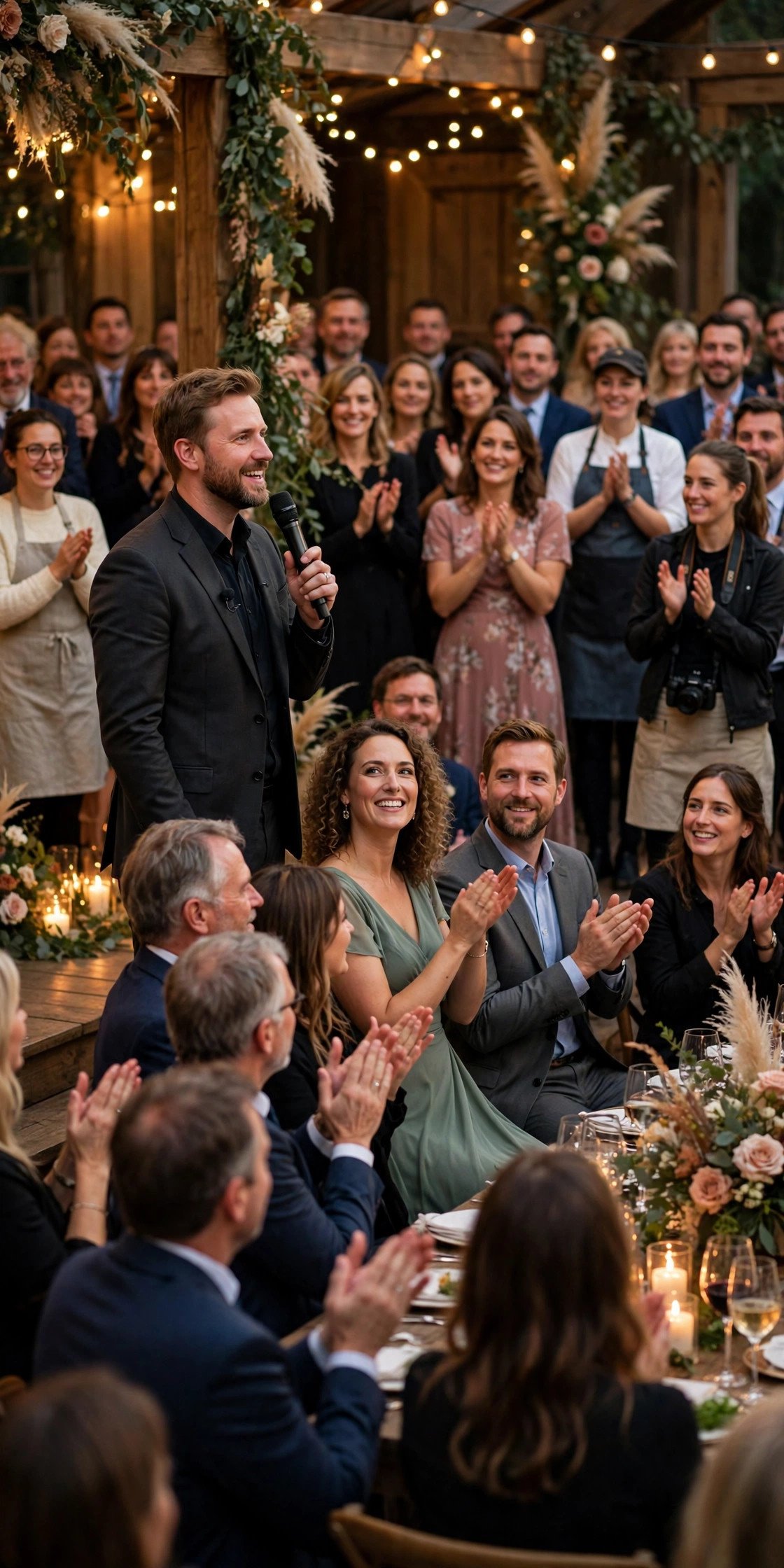 Thank Vendors and Guests at Closing — Confident wedding MC holding a microphone and timeline at a reception