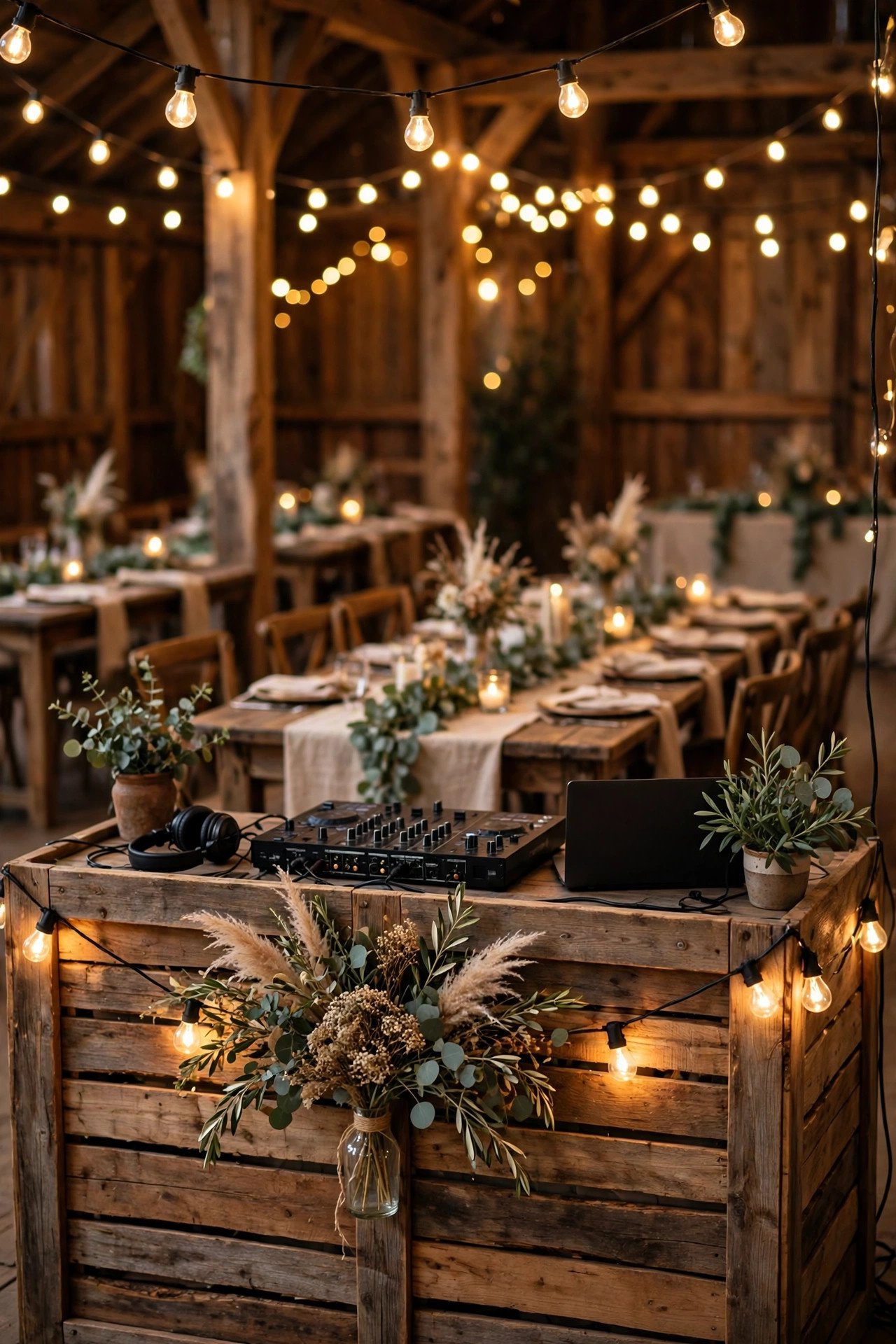 Rustic Wood Panel Booth — Elegant wedding DJ booth with florals and soft uplighting at a reception