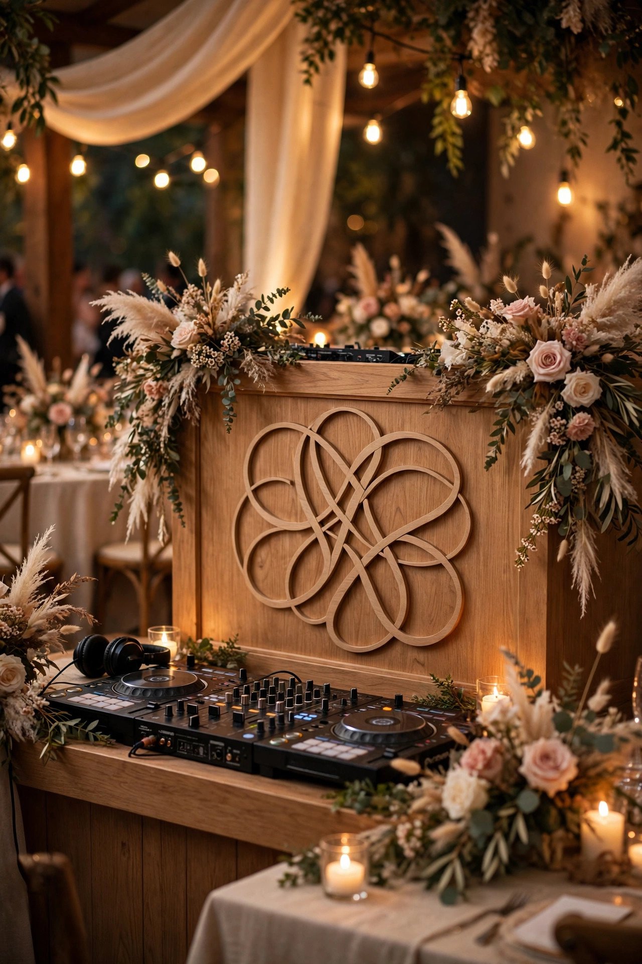 Custom Monogram Front Panel — Elegant wedding DJ booth with florals and soft uplighting at a reception