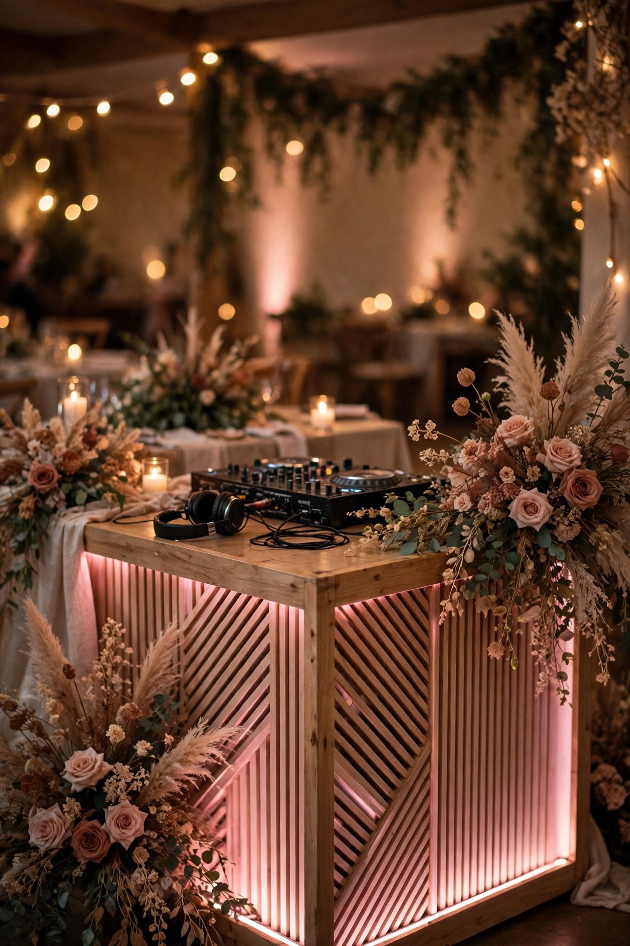 Soft Uplighting Wash Booth — Elegant wedding DJ booth with florals and soft uplighting at a reception