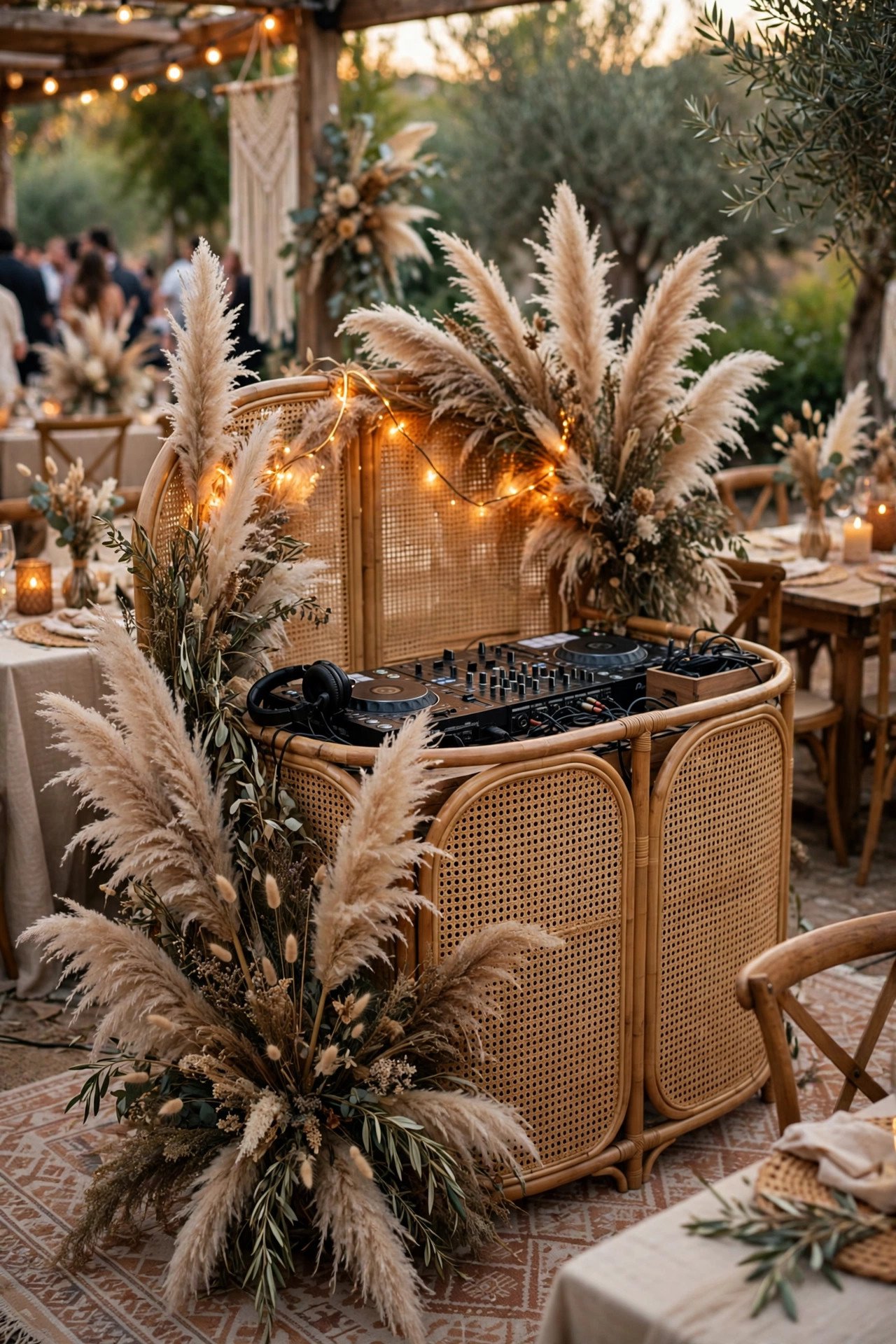 Boho Rattan and Pampas Booth — Elegant wedding DJ booth with florals and soft uplighting at a reception