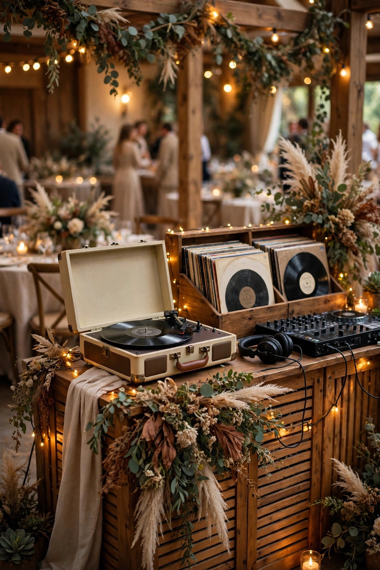 Vintage Record Player Display Booth — Elegant wedding DJ booth with florals and soft uplighting at a reception