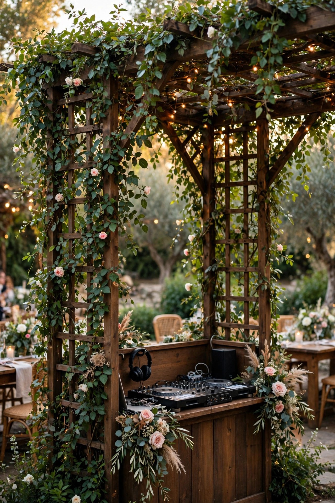Garden Trellis and Vine Booth — Elegant wedding DJ booth with florals and soft uplighting at a reception