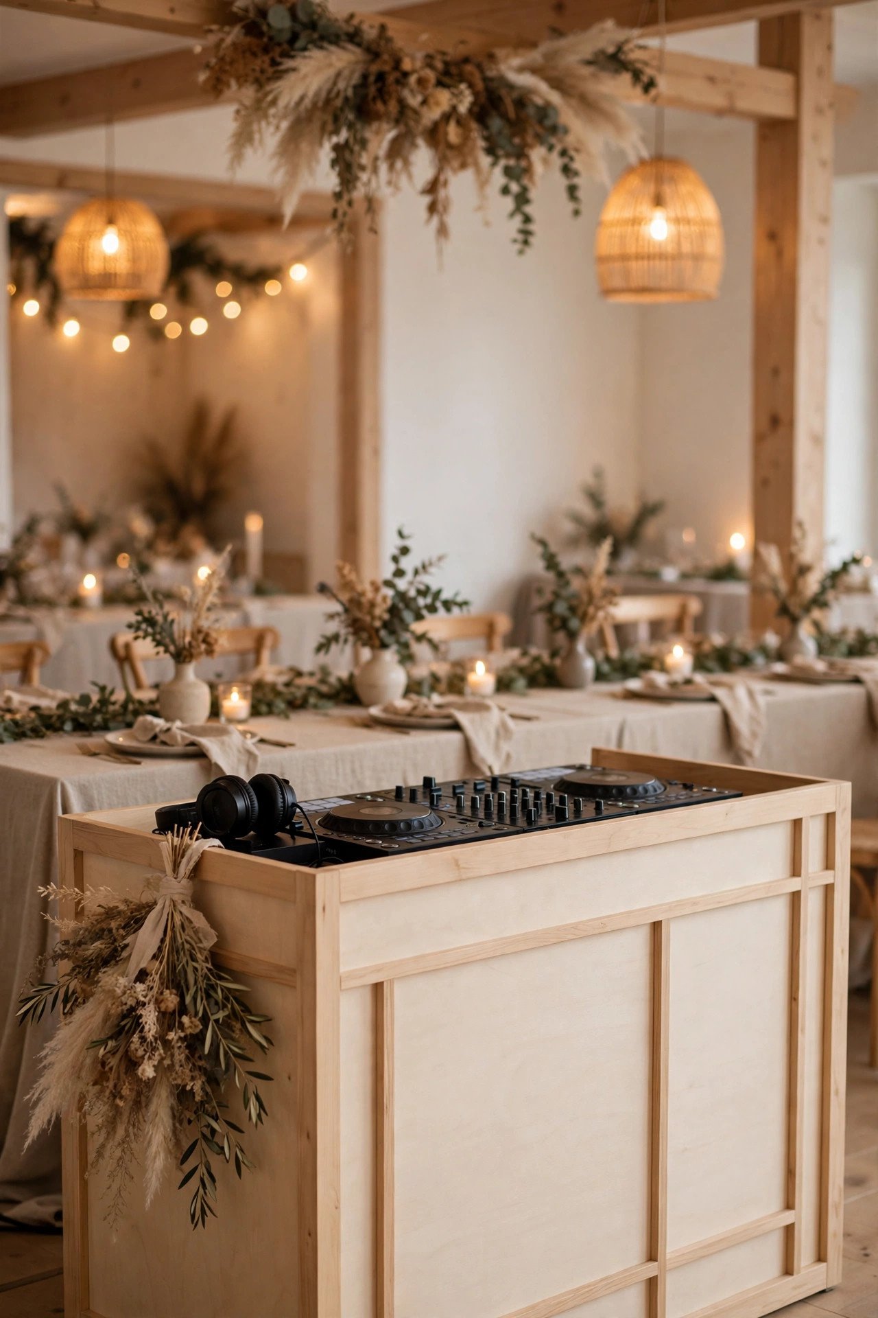 Minimal Scandinavian Booth — Elegant wedding DJ booth with florals and soft uplighting at a reception