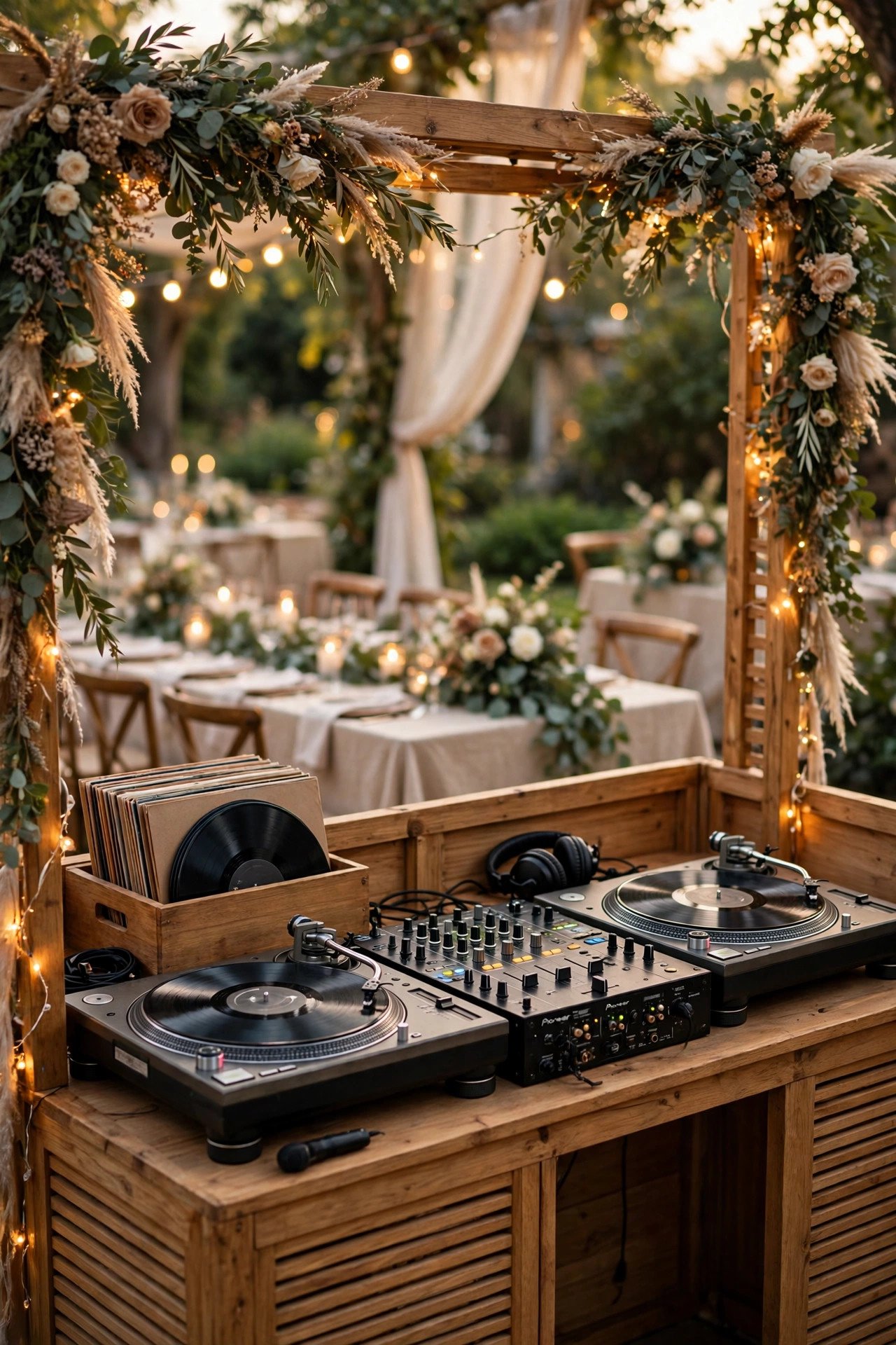 Open Booth With Tidy Gear Display — Elegant wedding DJ booth with florals and soft uplighting at a reception