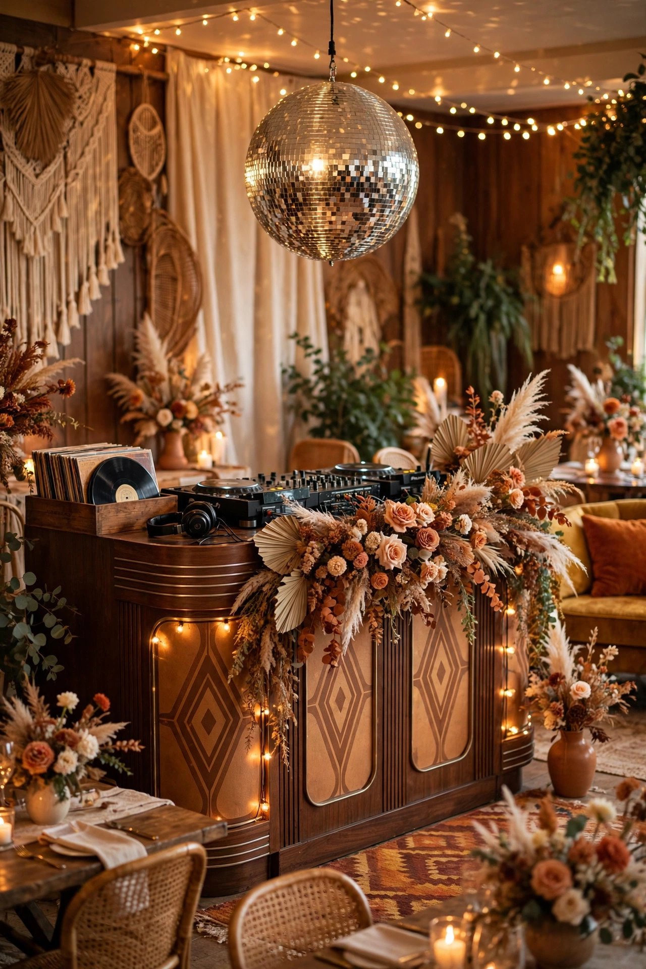 Themed Era Booth, Disco to Decades — Elegant wedding DJ booth with florals and soft uplighting at a reception