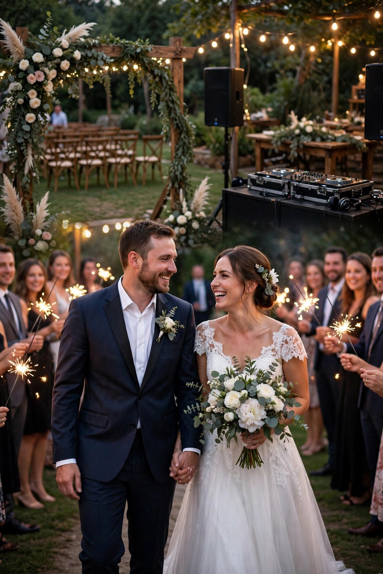 Full-Day Ceremony to Exit Package — Three wedding DJ package options displayed beside DJ equipment and lights