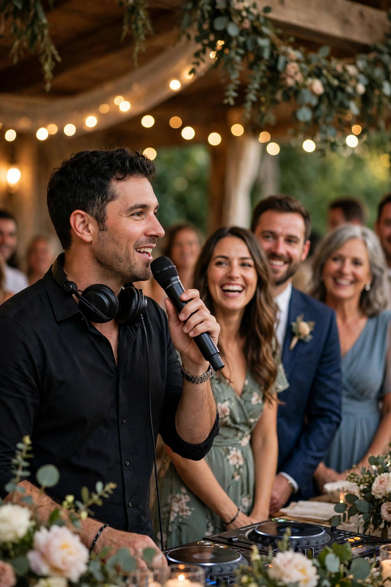 DJ Plus MC Hosting Tier — Three wedding DJ package options displayed beside DJ equipment and lights