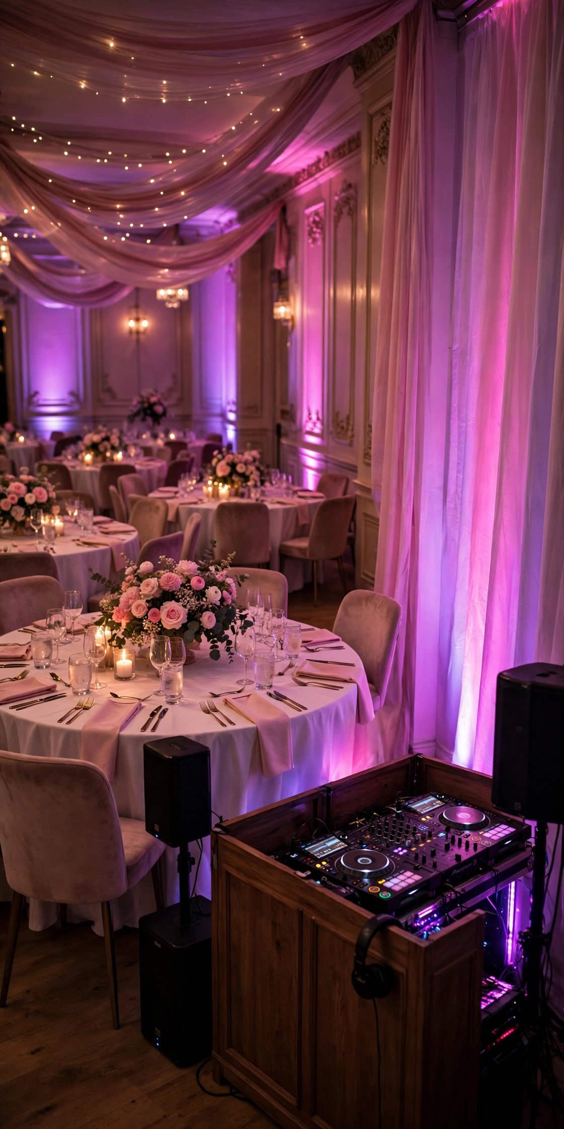 Uplighting Package Tier — Three wedding DJ package options displayed beside DJ equipment and lights