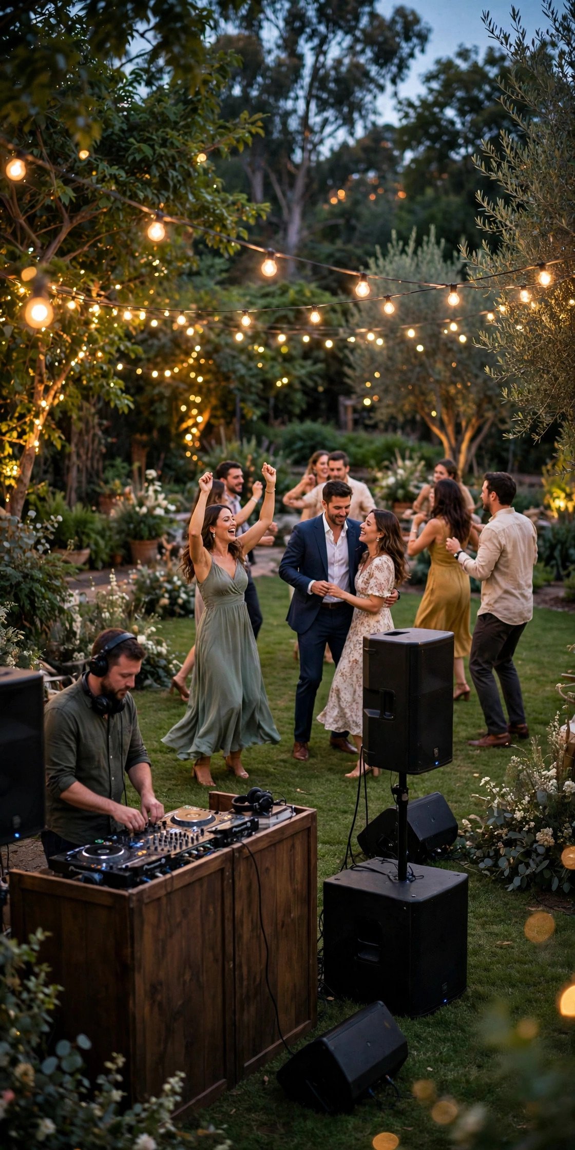 Outdoor and Second Setup Package — Three wedding DJ package options displayed beside DJ equipment and lights