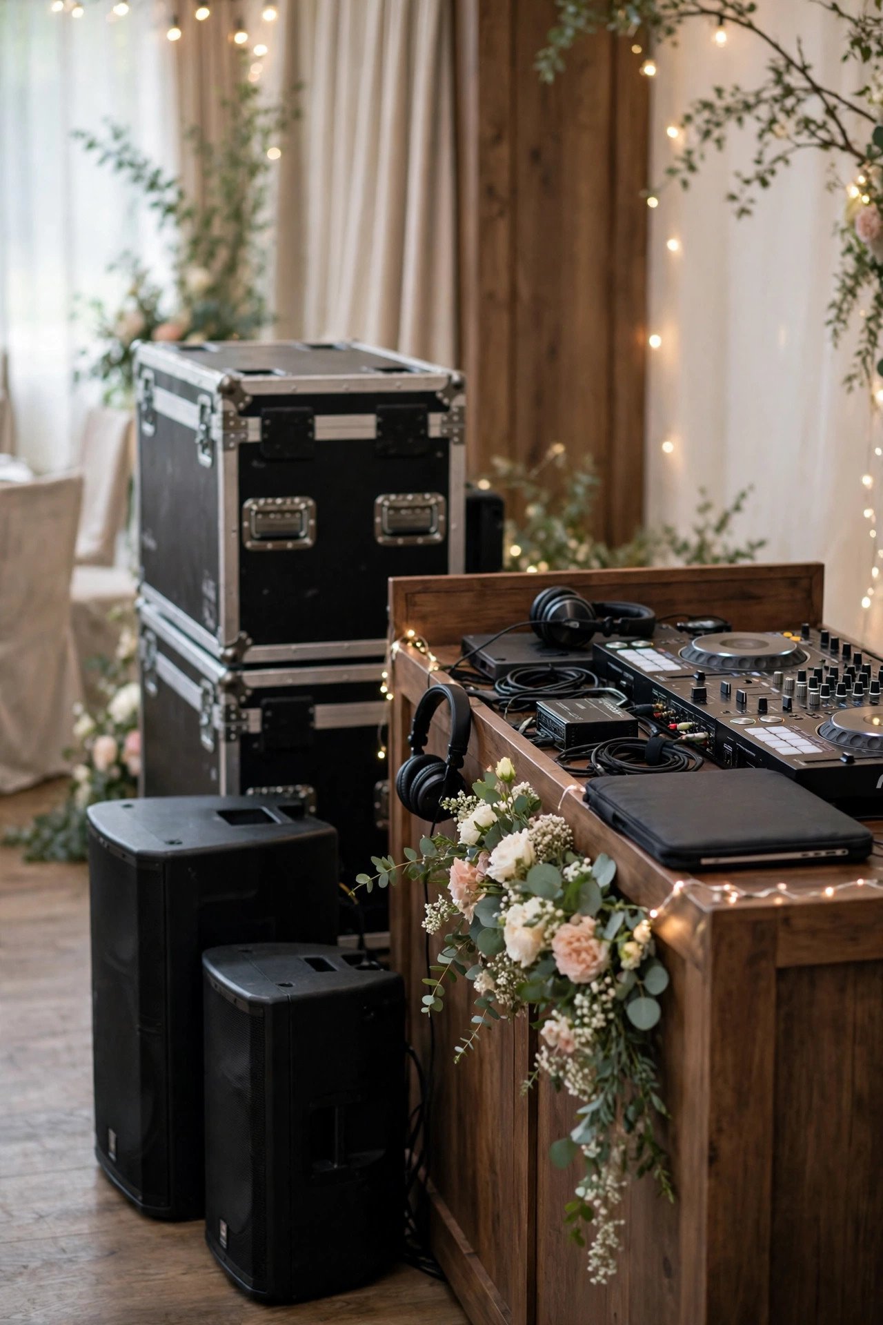 Backup Gear Guarantee Tier — Three wedding DJ package options displayed beside DJ equipment and lights