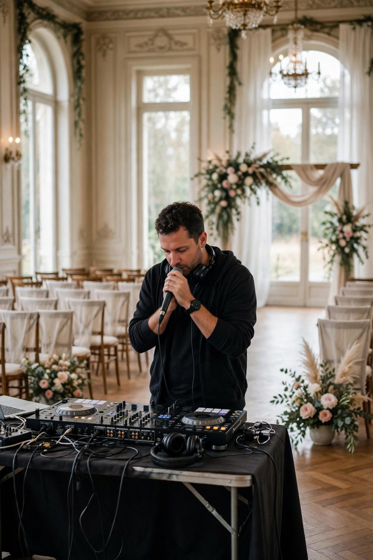 Early Setup and Sound Check Included — Three wedding DJ package options displayed beside DJ equipment and lights
