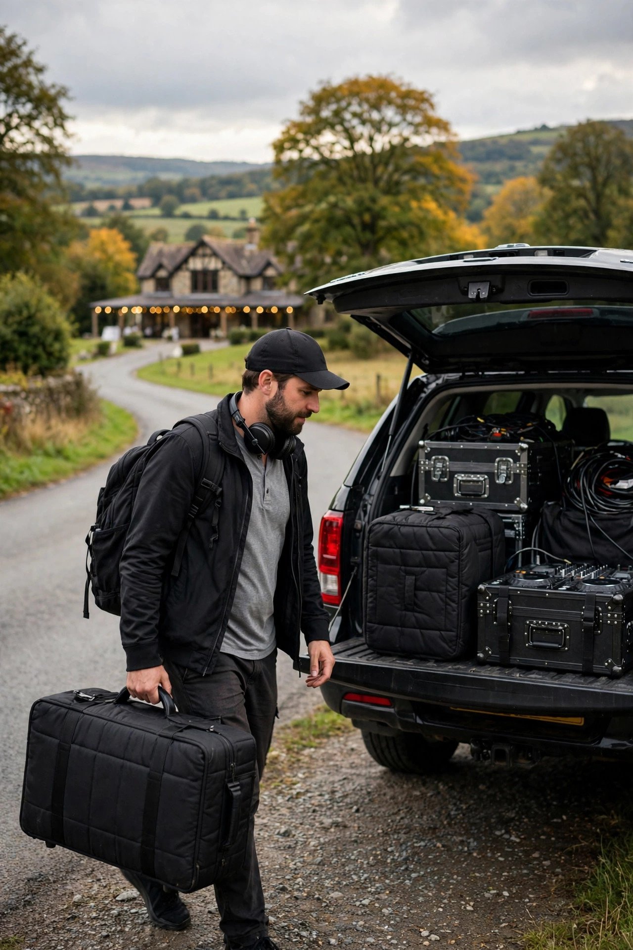 Travel-Included Regional Package — Three wedding DJ package options displayed beside DJ equipment and lights