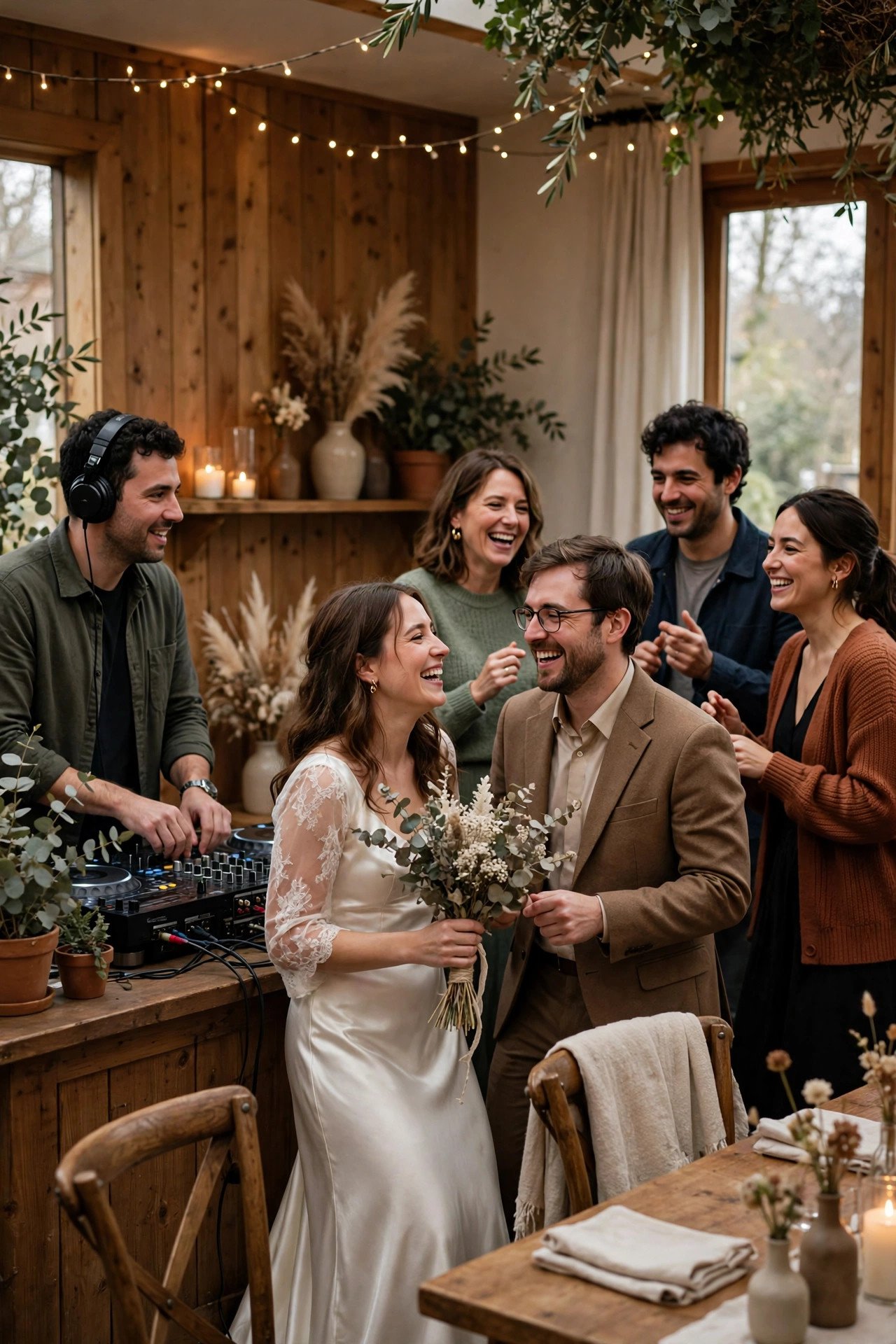 Off-Peak and Weekday Package — Three wedding DJ package options displayed beside DJ equipment and lights